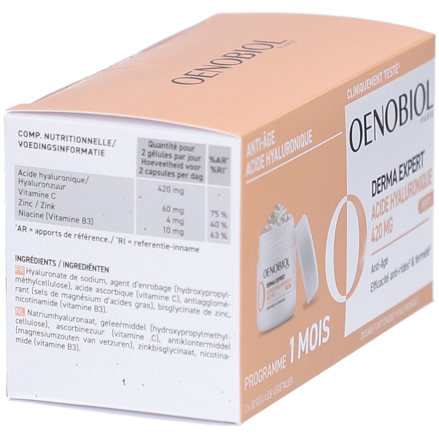 Verpakking met voedingsinformatie Oenobiol Derma Expert. Bevat hyaluronzuur, vitamine C, zink en niacine.