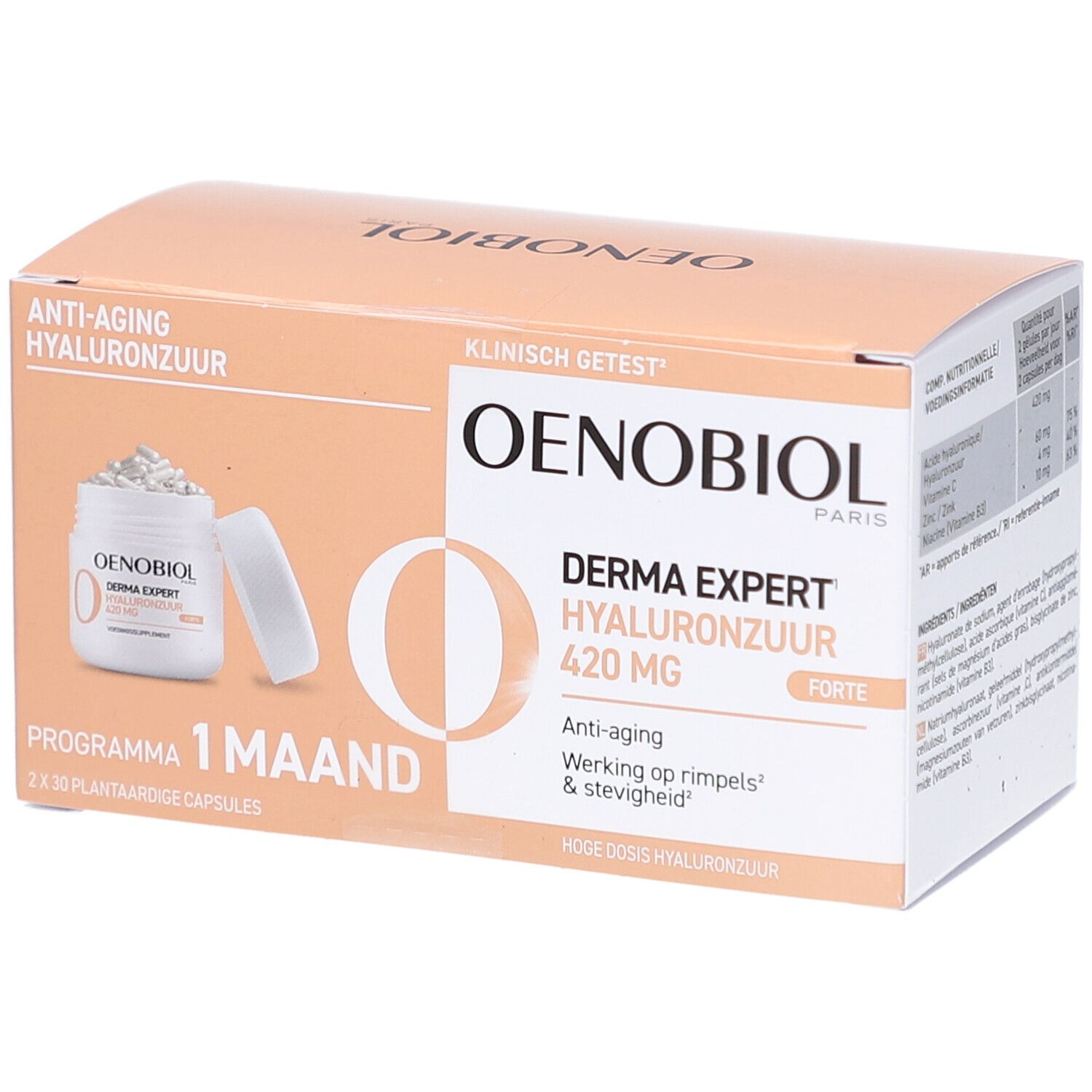 Verpakking Oenobiol Derma Expert, 2x30 capsules. Opschrift: Anti-aging, Hyaluronzuur, 420 MG. Klinisch getest.