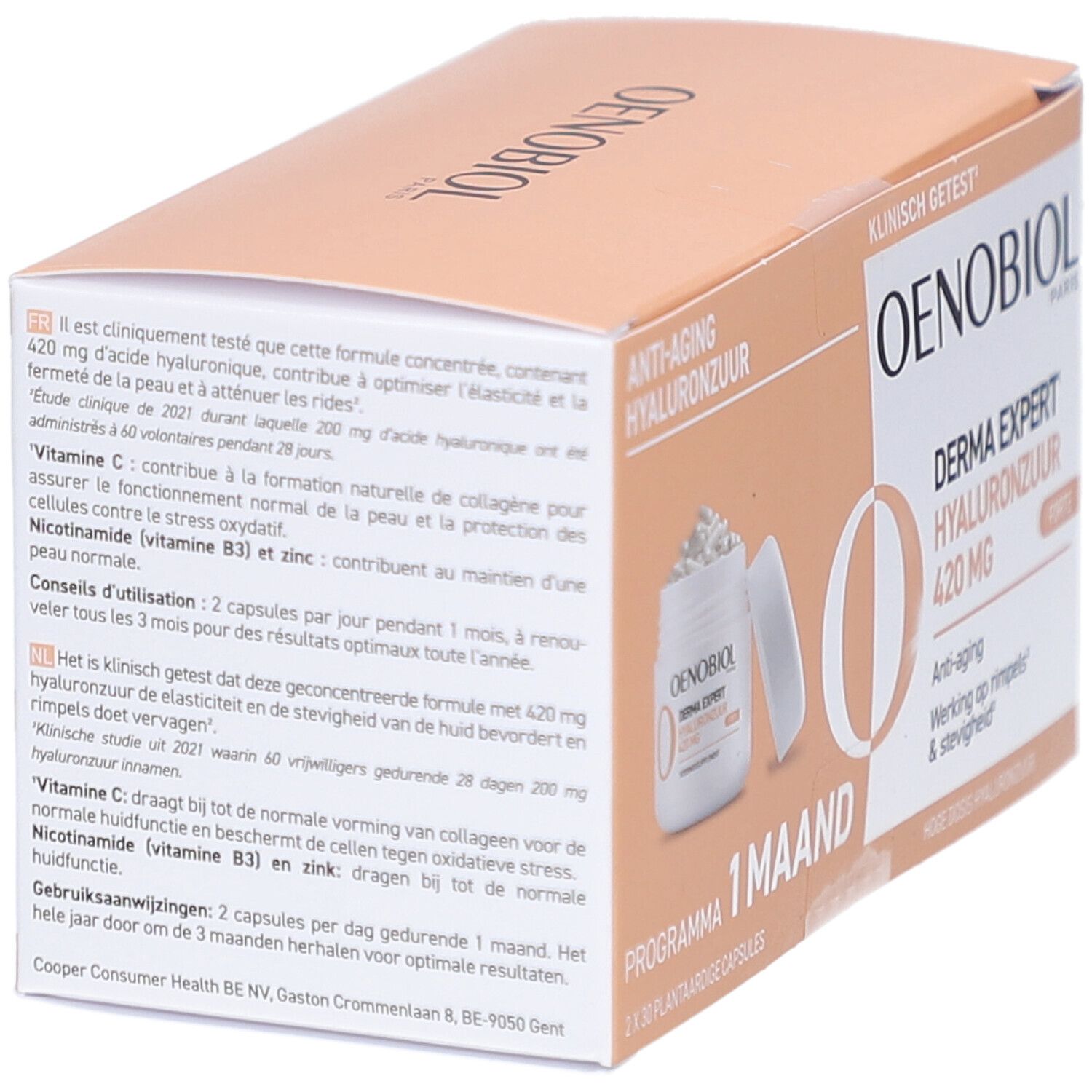 Verpakking Oenobiol Derma Expert, 2x30 capsules. Opschrift: Anti-aging, Hyaluronzuur, 420 MG. Klinisch getest.