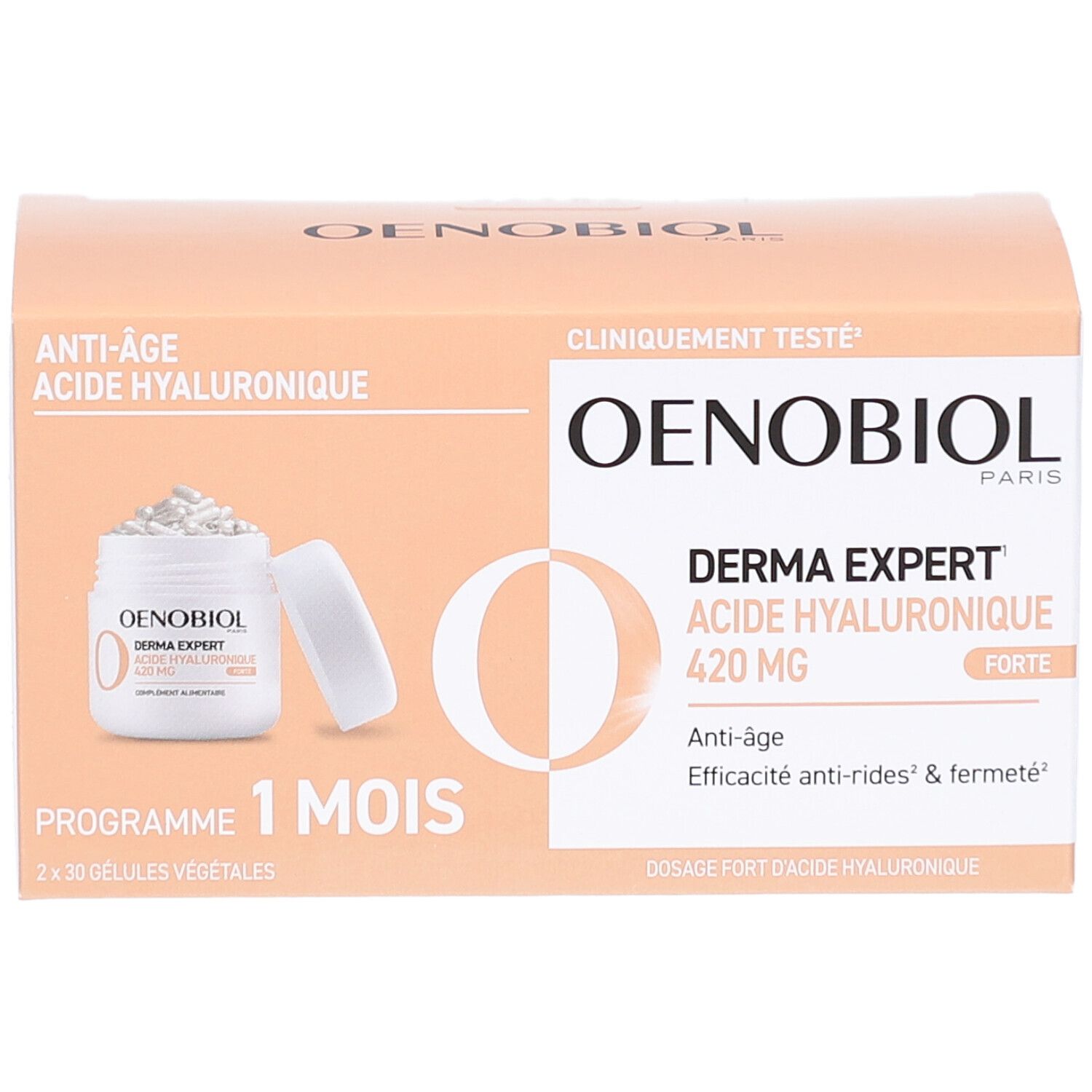 Verpakking Oenobiol Derma Expert, 2x30 capsules. Opschrift: Anti-âge, Acide Hyaluronique, 420 MG. Programma 1 maand.