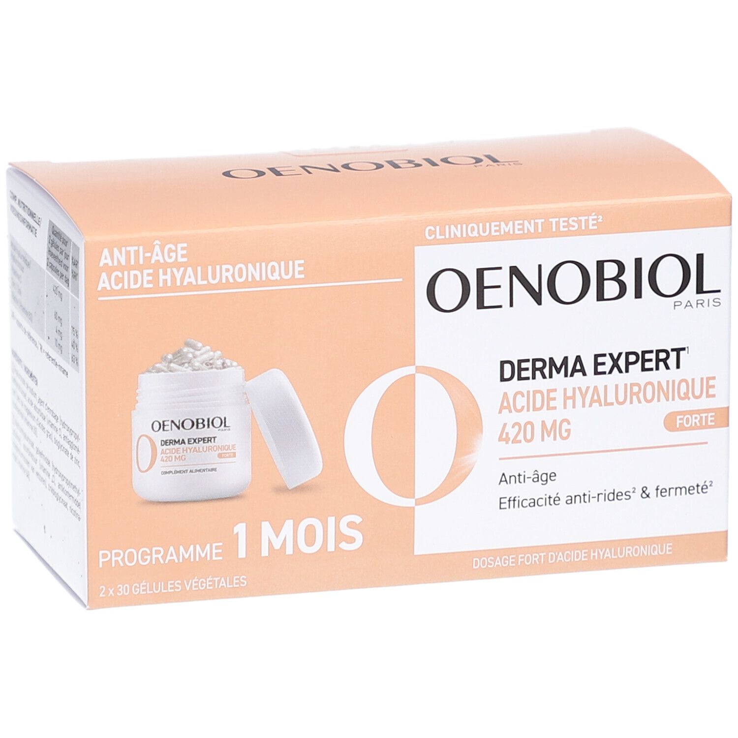 Verpakking Oenobiol Derma Expert, 2x30 capsules. Opschrift: Anti-âge, Acide Hyaluronique, 420 MG. Programma 1 maand.