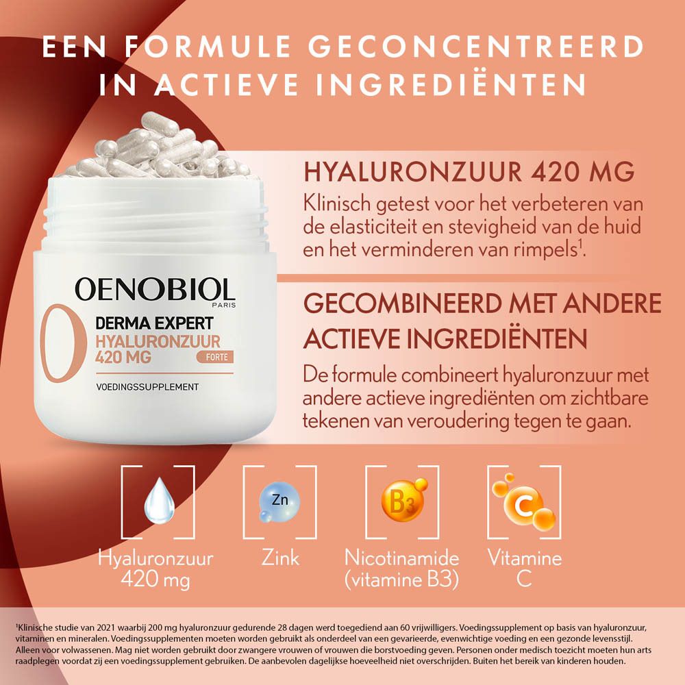 Infographic: Oenobiol Derma Expert, 420 MG hyaluronzuur. Ingrediënten: zink, vitamine B3, vitamine C.