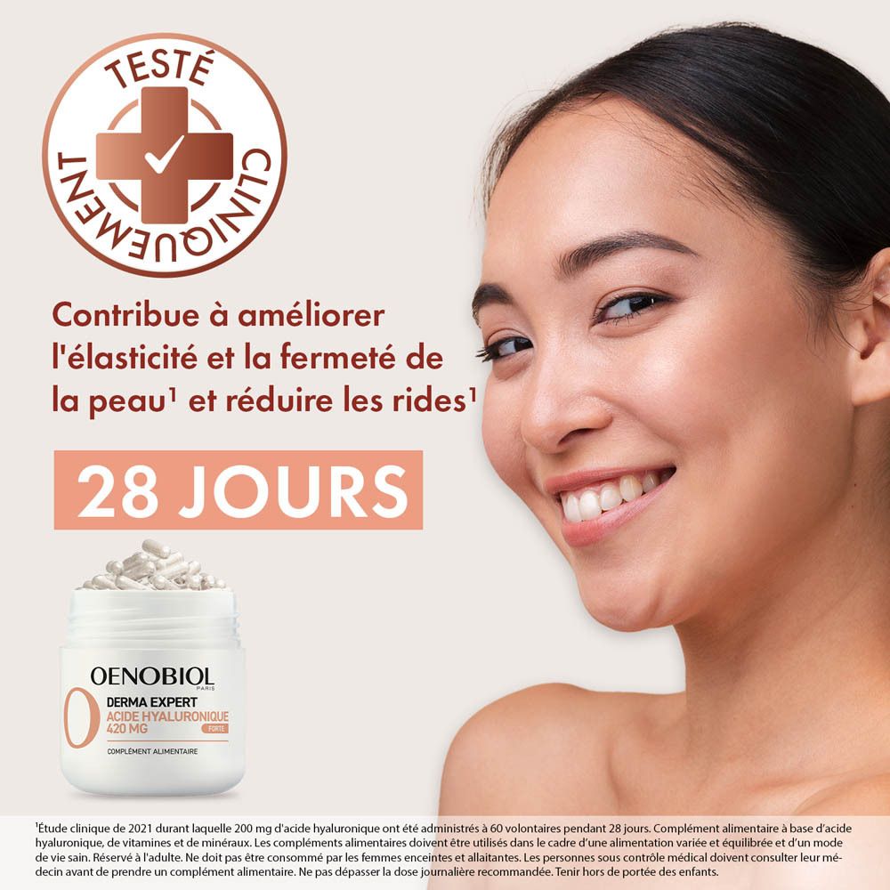 Femme avec visage. Oenobiol Derma Expert, 420 MG. Texte: Améliore l'élasticité et réduit les rides.