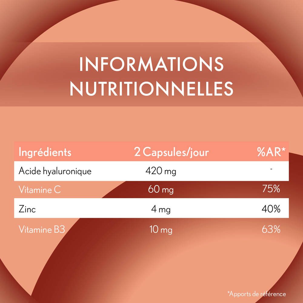 Informations nutritionnelles: Acide hyaluronique 420 mg, Vitamine C 60 mg, Zinc 4 mg, Vitamine B3 10 mg.