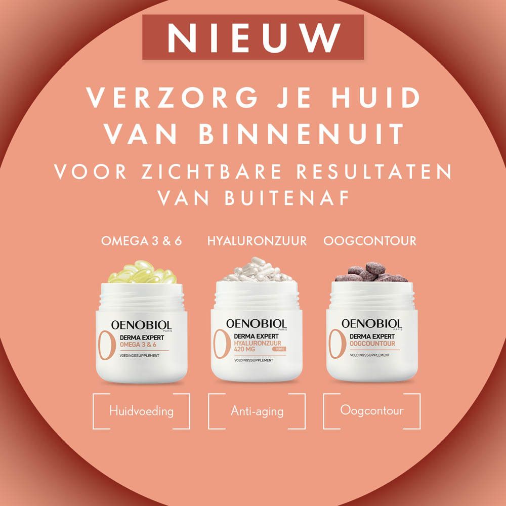 Verpakking Oenobiol Derma Expert, 2x30 capsules. Opschrift: Anti-aging, Hyaluronzuur, 420 MG. Klinisch getest.