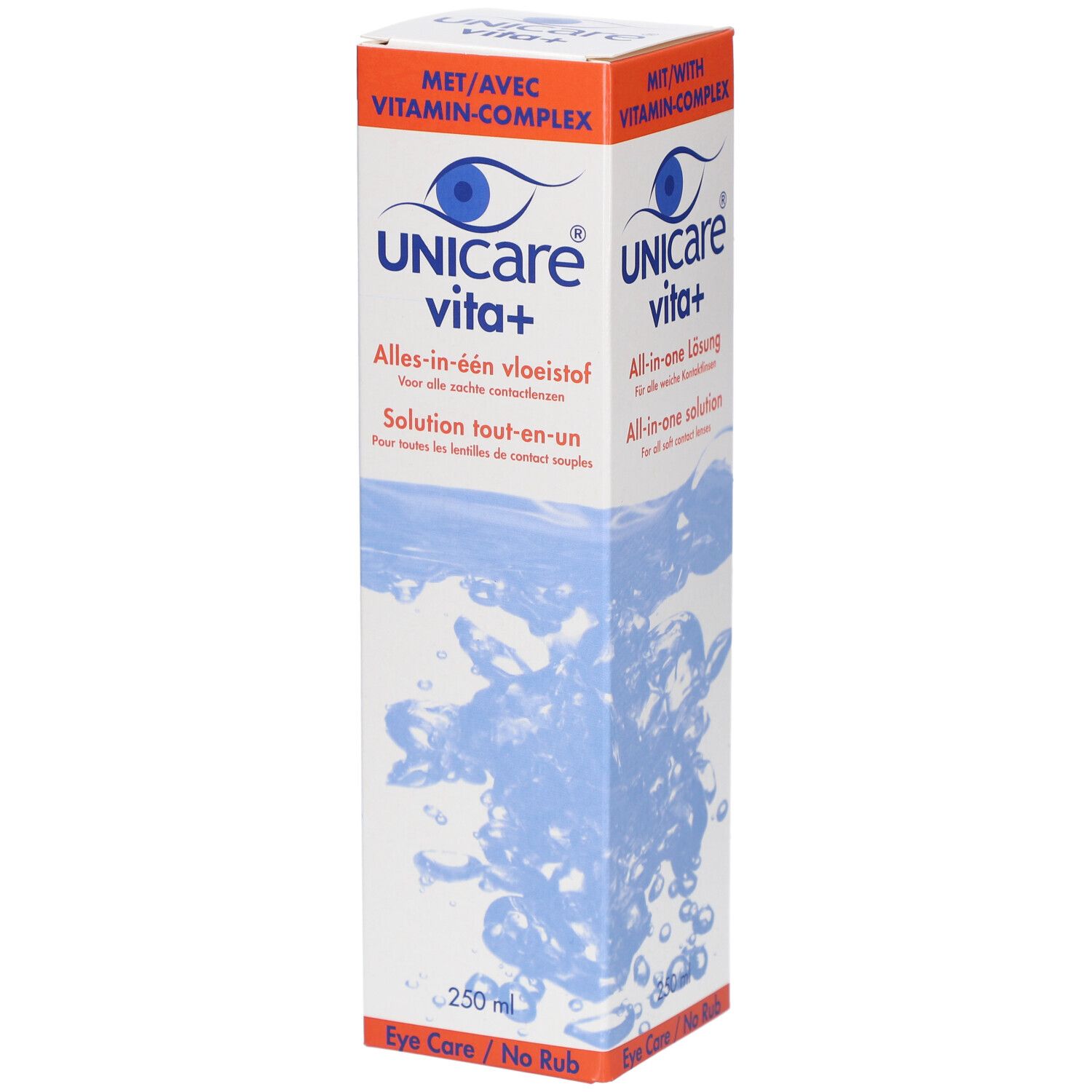 Verpakking van Unicare vita+ oplossing. Witte doos met blauw waterontwerp en productnaam. Bevat 250 ml.