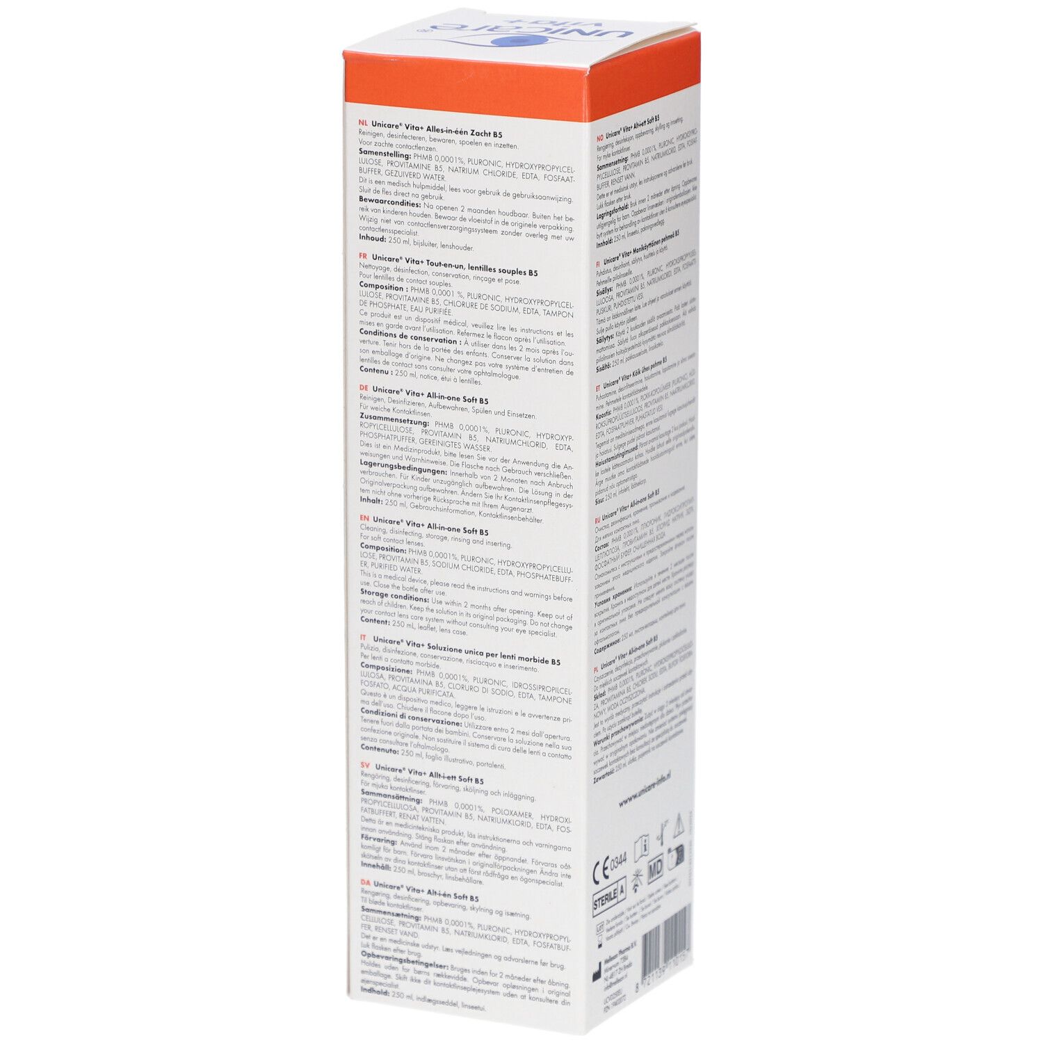 Zijkant van de Unicare vita+ verpakking. Tekst in meerdere talen. Bevat informatie over gebruik en ingrediënten.
