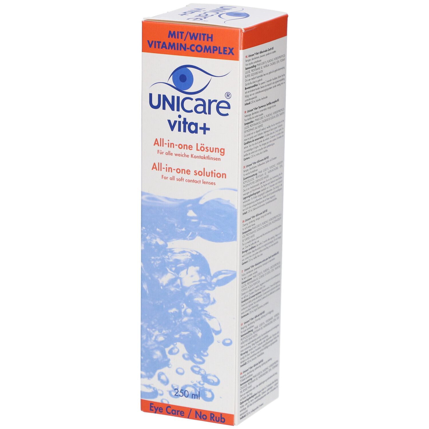 Unicare vita+ verpakking. Witte doos met blauw waterontwerp en productnaam. Bevat 250 ml.