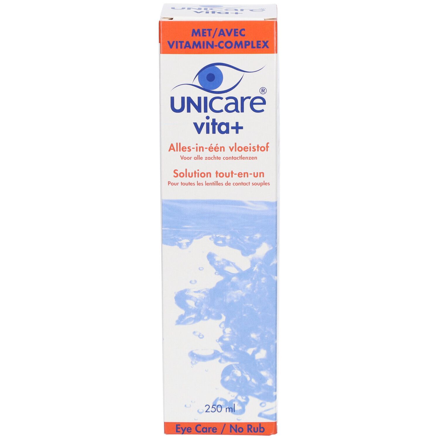 Unicare vita+ verpakking. Witte doos met blauw waterontwerp en productnaam. Bevat 250 ml.