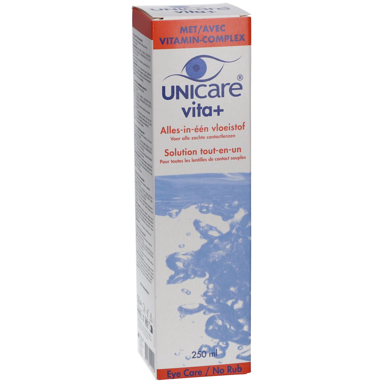 Unicare vita+ verpakking. Witte doos met blauw waterontwerp en productnaam. Bevat 250 ml.
