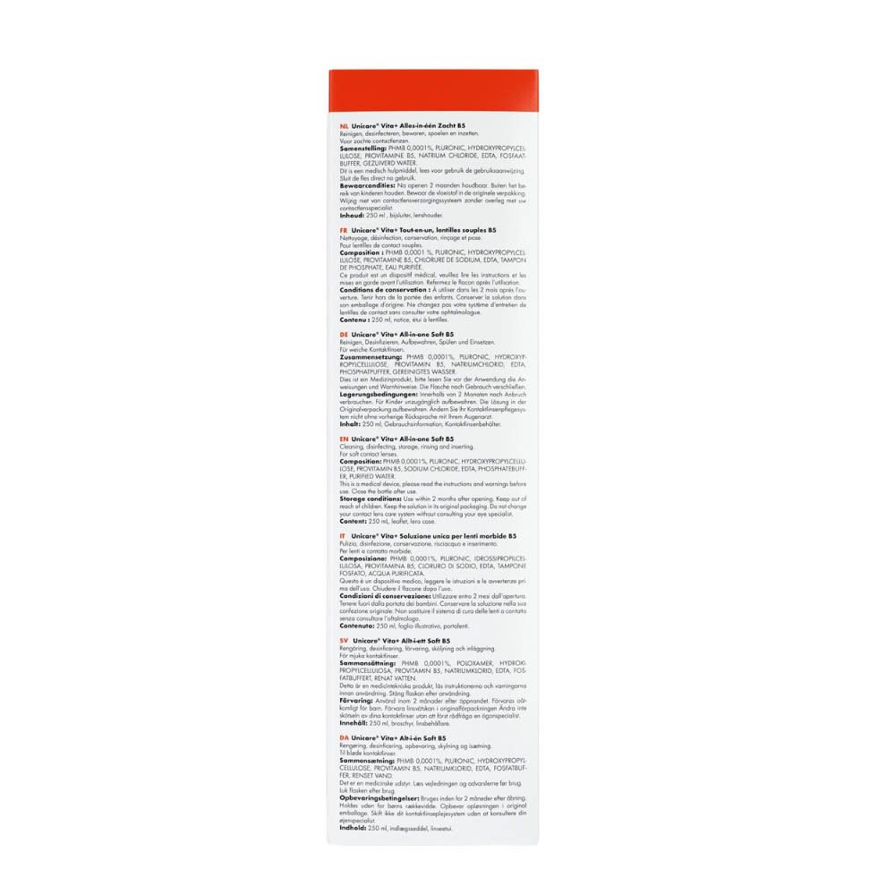 Achterkant van de Unicare vita+ lenzenvloeistof verpakking. Meertalige tekst. Informatie over gebruik en ingrediënten.