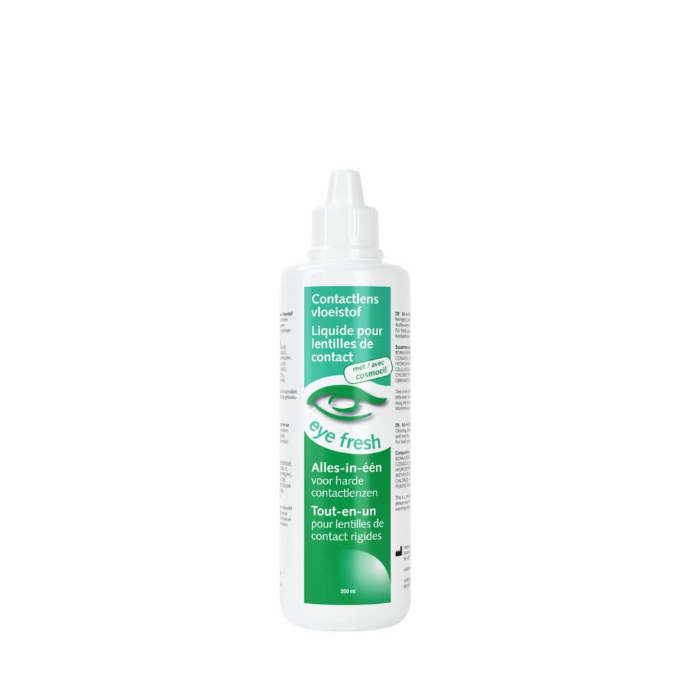 Witte fles met groen etiket. Opschrift: Eye Fresh, vloeistof voor contactlenzen. Met Cosmocil.