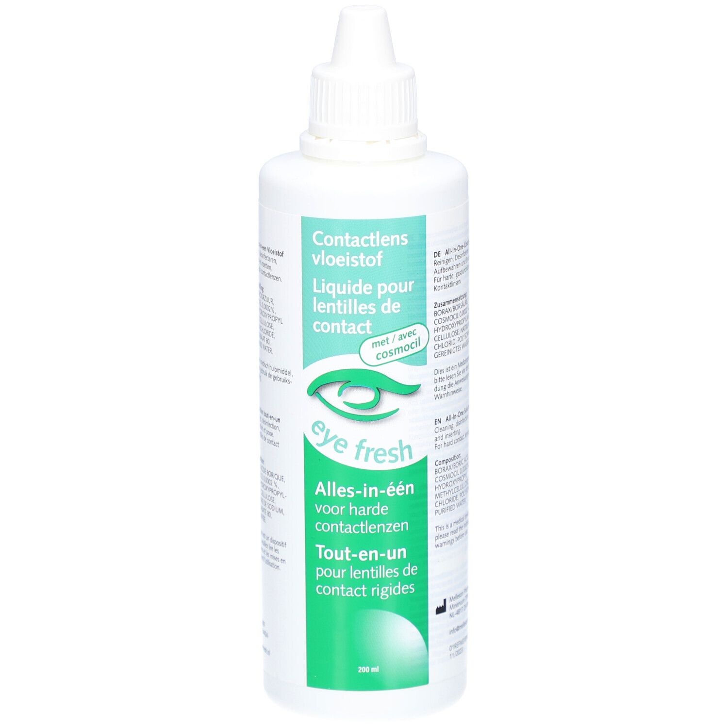 Witte fles contactlensvloeistof. Opschrift: Eye Fresh, Alles-in-één voor harde contactlenzen. Met Cosmocil.