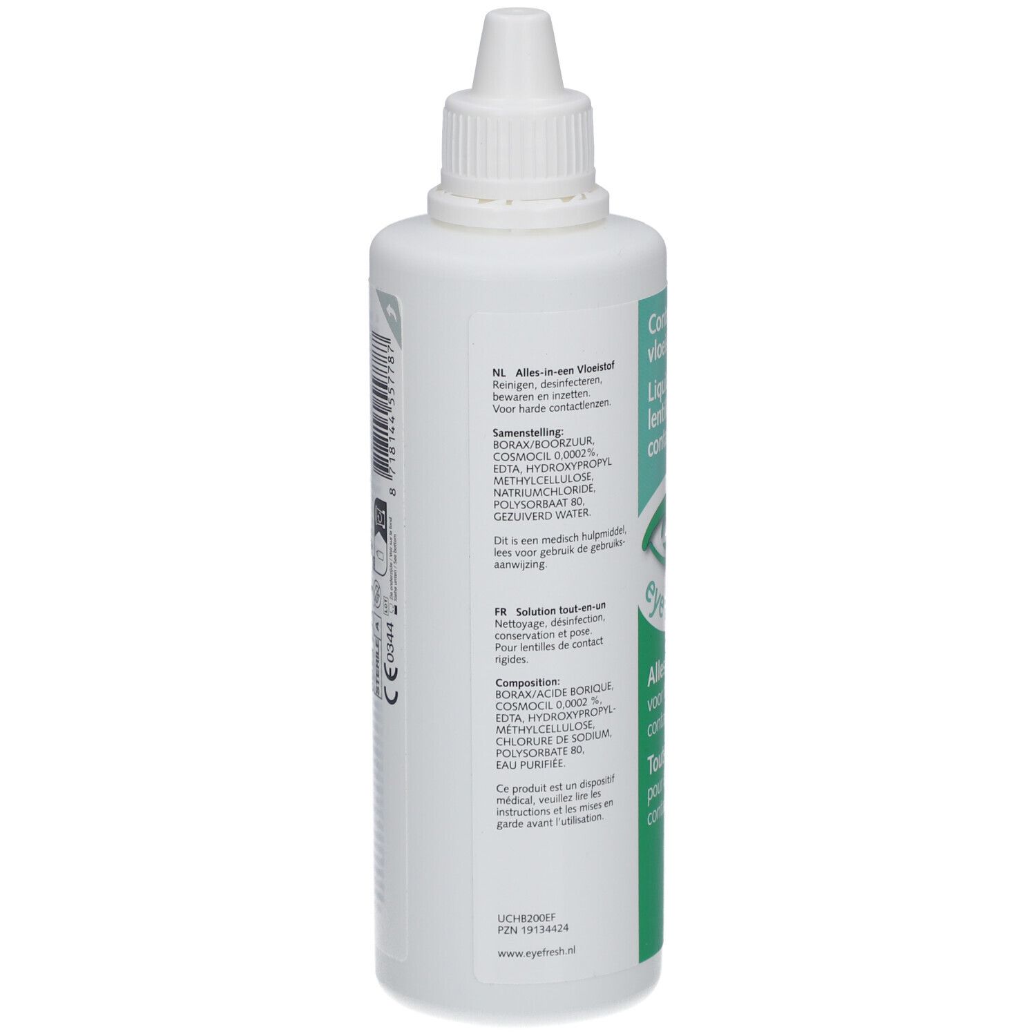 Achterkant van de contactlensvloeistof. Bevat ingrediënten zoals boorzuur, Cosmocil en natriumchloride. Tekst in het Nederlands en Frans.