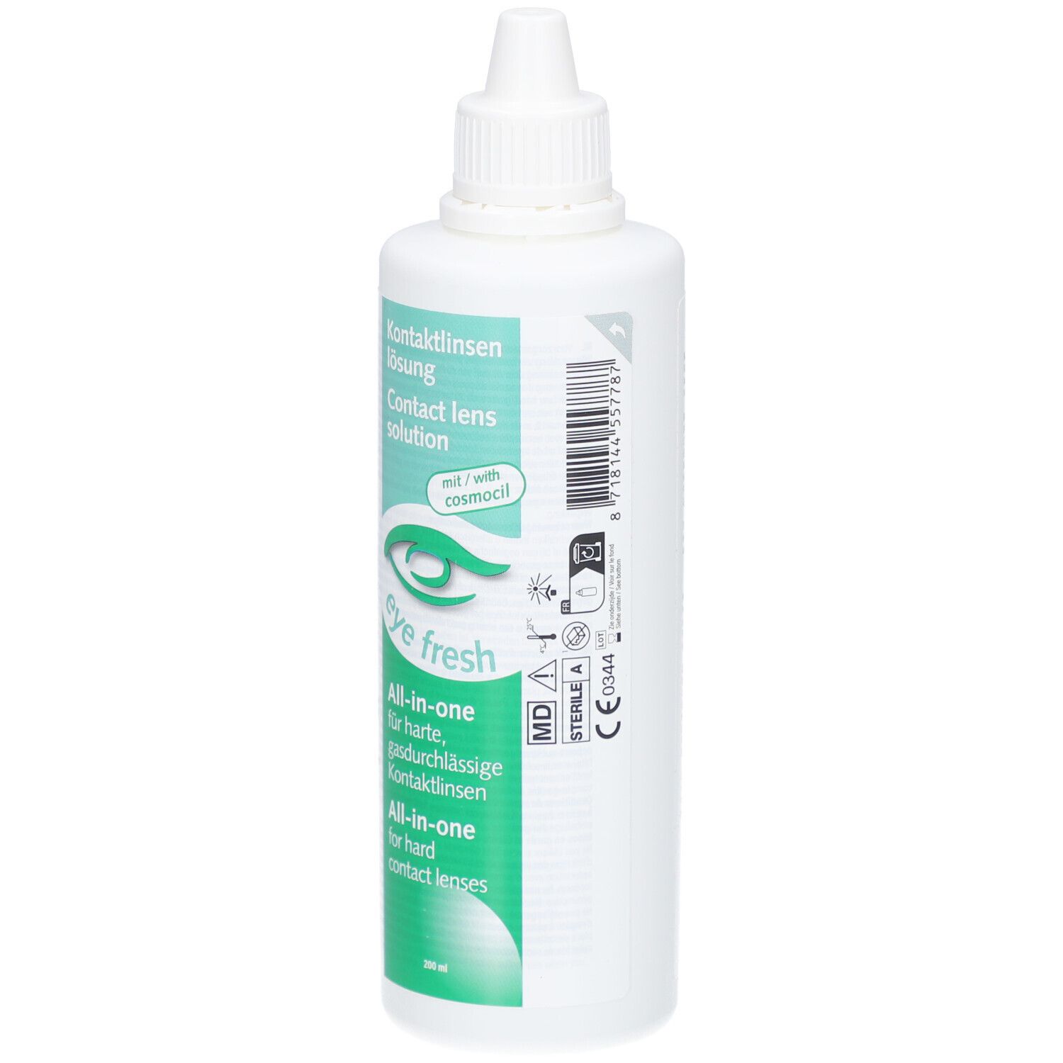Witte fles contactlensvloeistof. Opschrift: Eye Fresh, All-in-one voor harde, gasdoorlatende contactlenzen. Met Cosmocil.