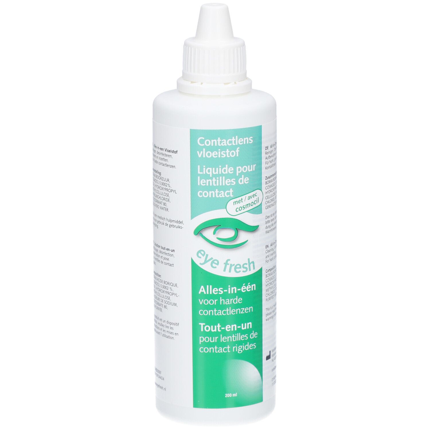 Witte fles contactlensvloeistof. Opschrift: Eye Fresh, Alles-in-één voor harde contactlenzen. Met Cosmocil.