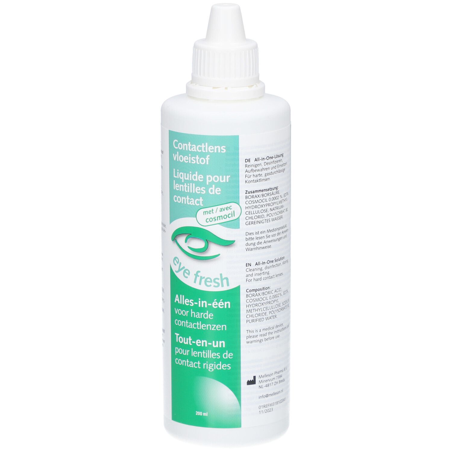 Witte fles contactlensvloeistof. Opschrift: Eye Fresh, Alles-in-één voor harde contactlenzen. Met Cosmocil.
