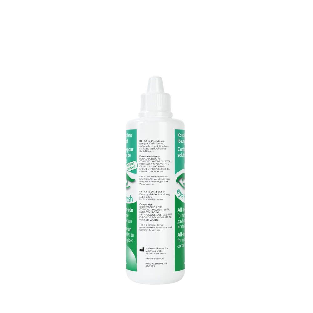 Achterkant van een witte fles met groen etiket. Meertalige tekst. Ingrediënten en fabrikant informatie.