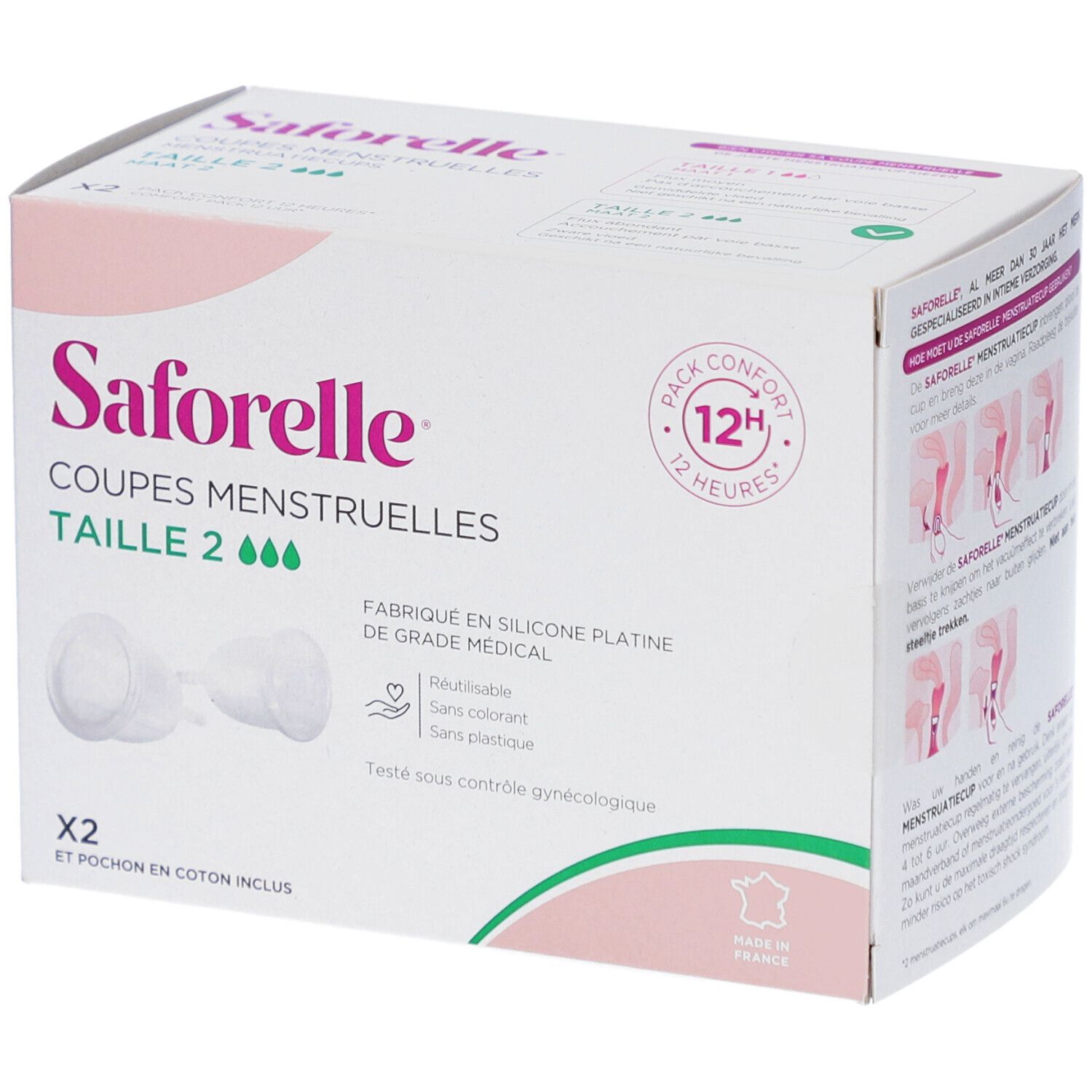 Saforelle menstruatiecups maat 2 in verpakking. Twee cups en katoenen zakje. Herbruikbaar, zonder kleurstoffen en plastic. Gemaakt in Frankrijk.