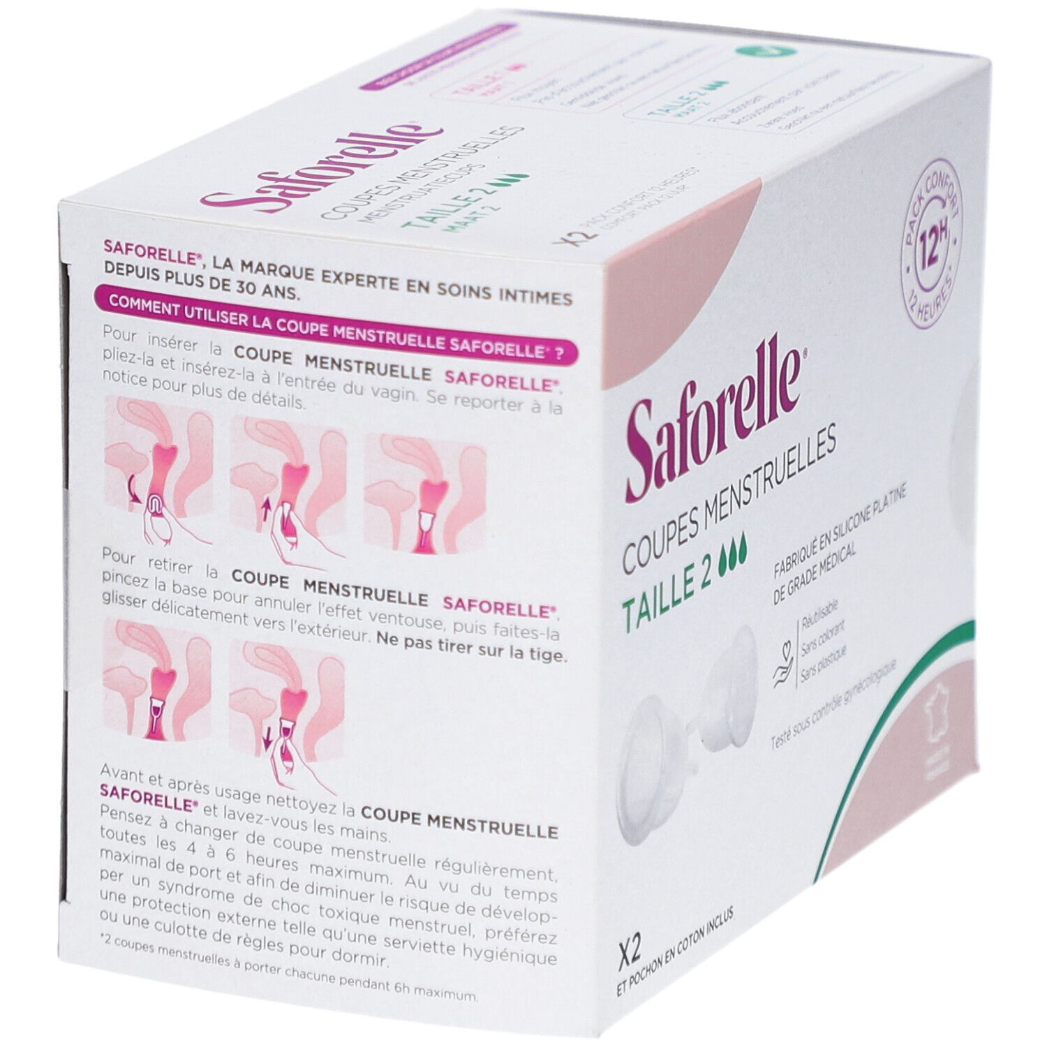 Verpakking Saforelle menstruatiecups maat 2. Geïllustreerde gebruiksaanwijzing. Herbruikbaar, zonder kleurstoffen en plastic. Gemaakt in Frankrijk.