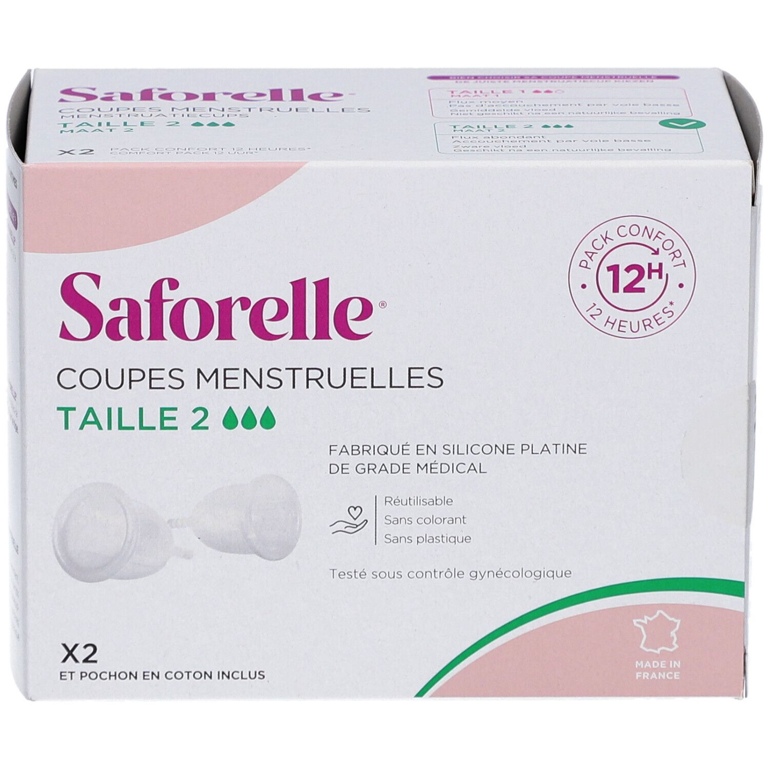 Saforelle menstruatiecups maat 2 in verpakking. Twee cups en katoenen zakje. Herbruikbaar, zonder kleurstoffen en plastic. Gemaakt in Frankrijk.