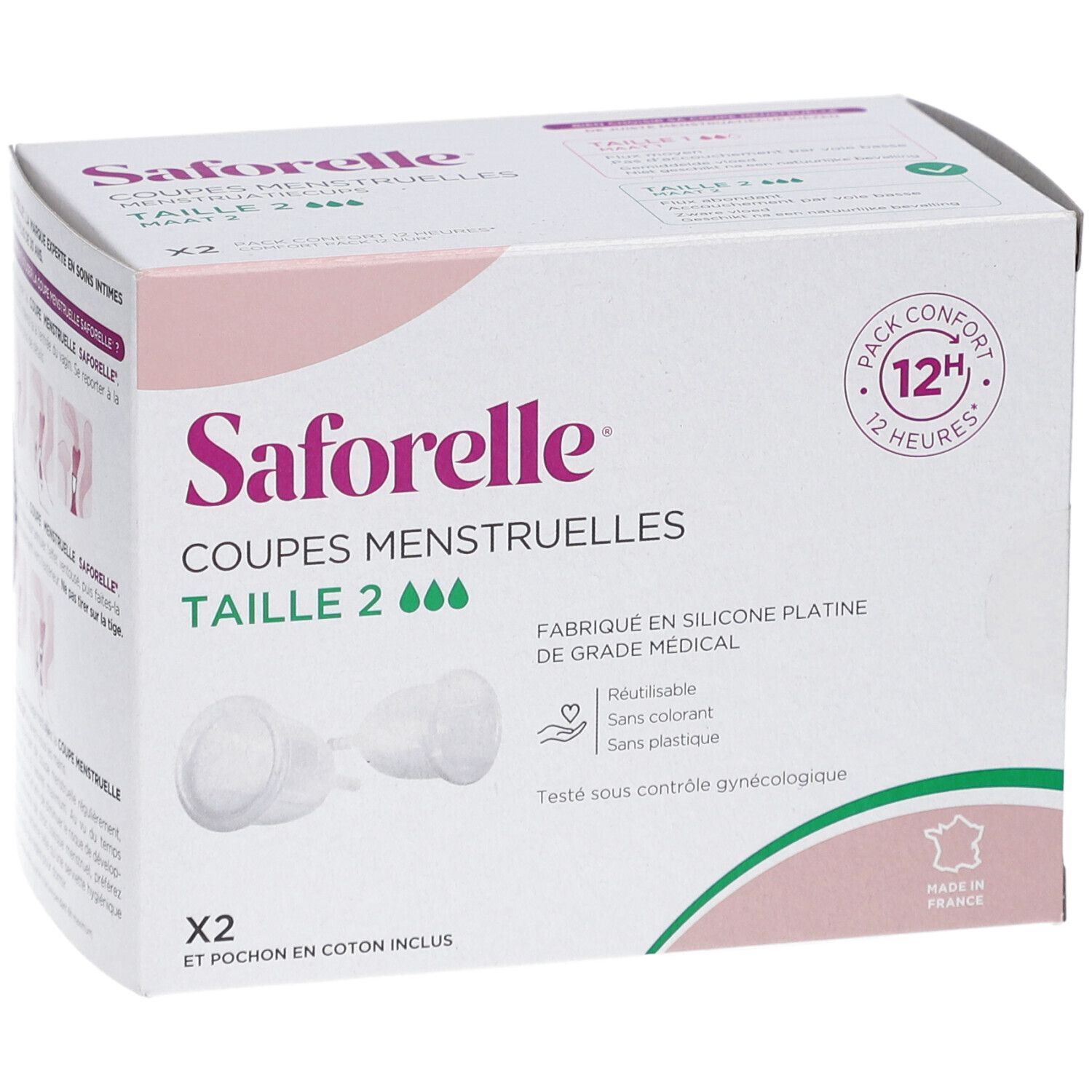 Saforelle menstruatiecups maat 2 in verpakking. Twee cups en katoenen zakje. Herbruikbaar, zonder kleurstoffen en plastic. Gemaakt in Frankrijk.