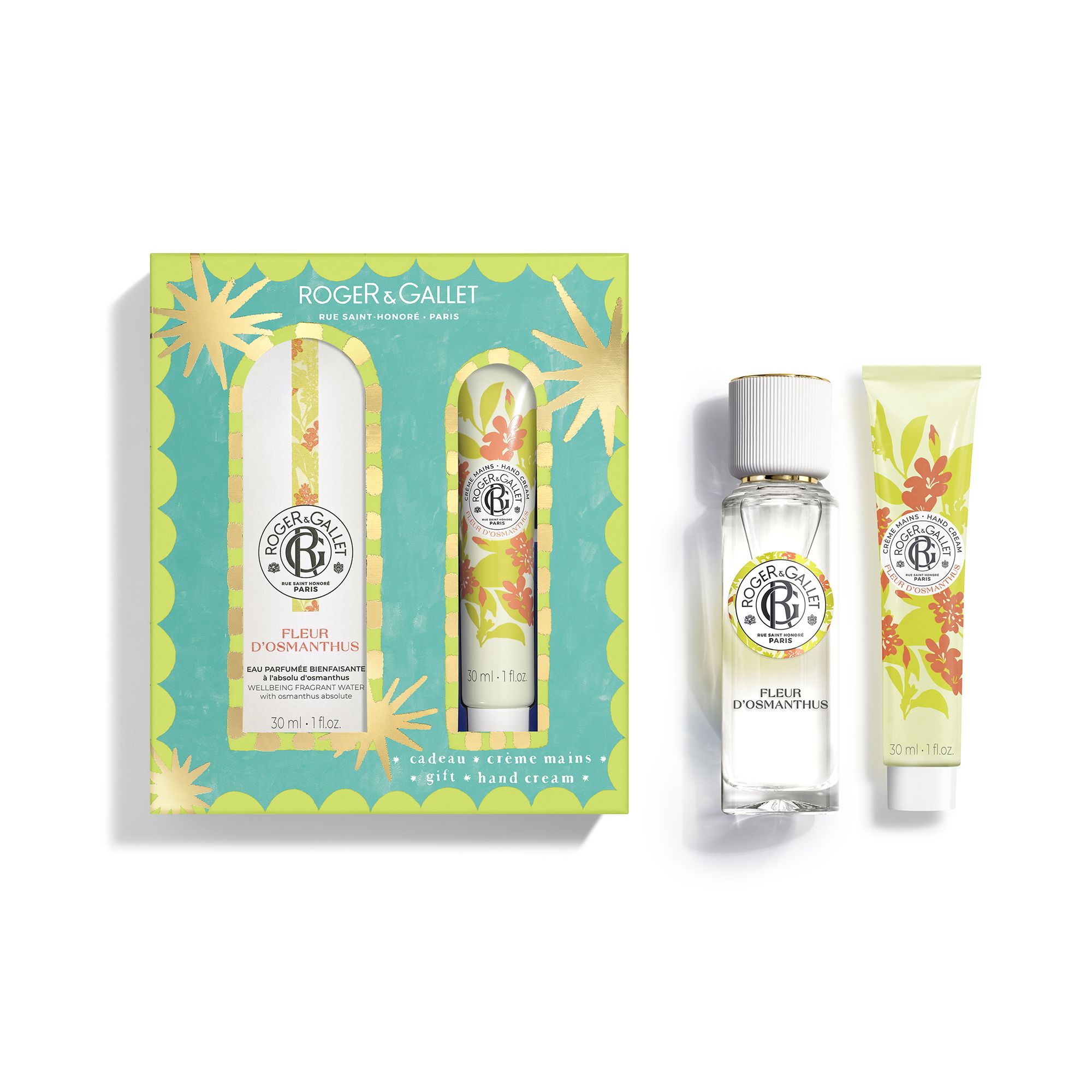 Coffret cadeau avec Eau Parfumée, crème mains et flacon. Emballage turquoise et vert. Trois produits.