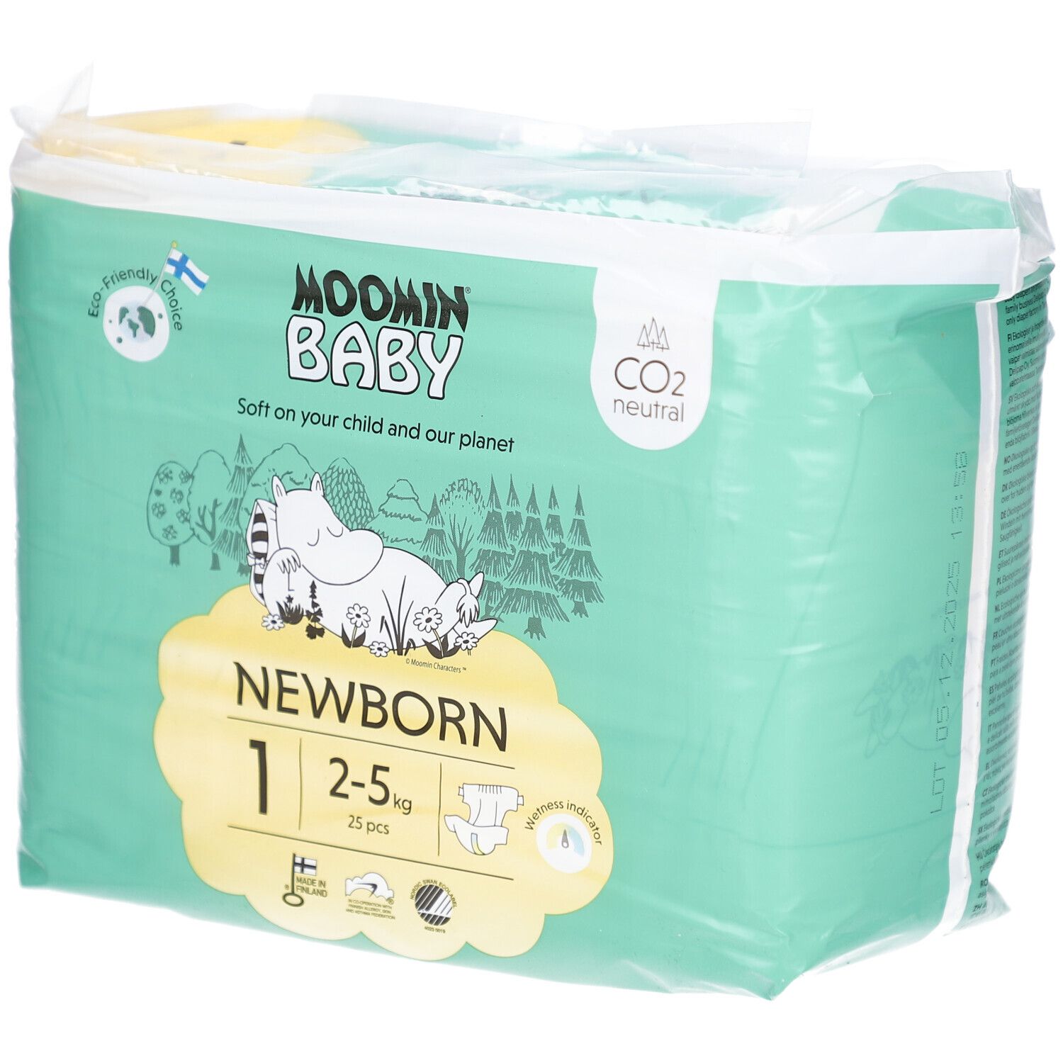 Paquet de couches Moomin Baby. Taille 1, 2-5 kg, 25 pièces. Neutre en CO2. Choix écologique.