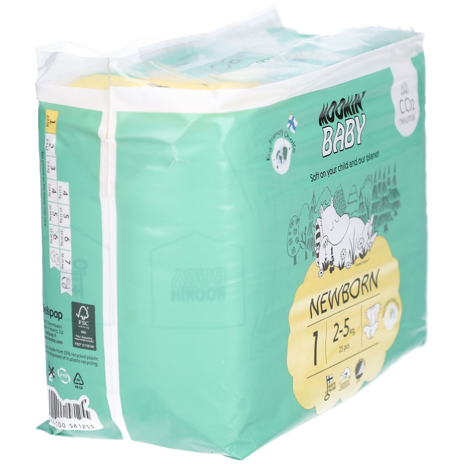Paquet de couches Moomin Baby. Taille 1, 2-5 kg. Choix écologique. Neutre en CO2.