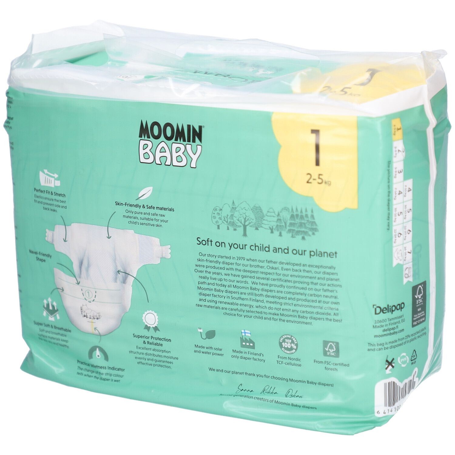 Paquet de couches Moomin Baby. Taille 1, 2-5 kg. Choix écologique. Neutre en CO2. Illustration de couche.