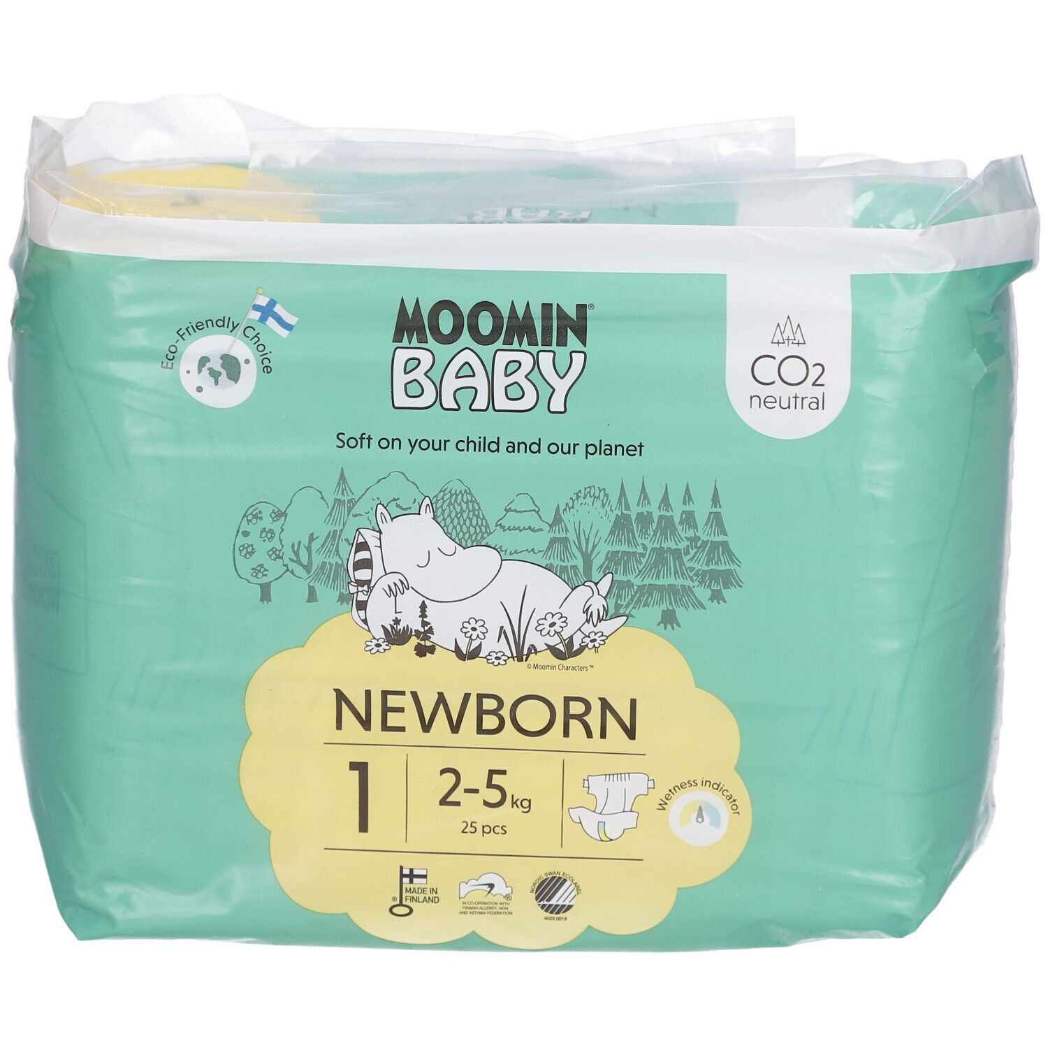 Paquet de couches Moomin Baby. Taille 1, 2-5 kg, 25 pièces. Neutre en CO2. Choix écologique.