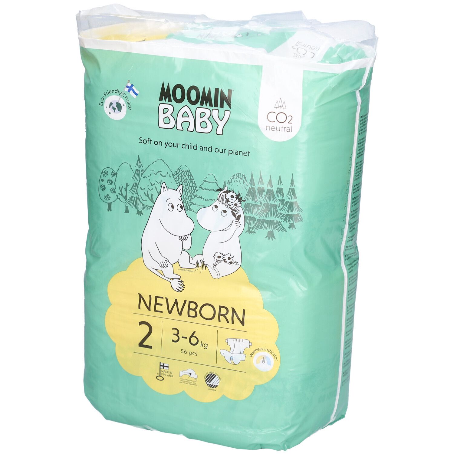 Paquet de couches Moomin Baby, taille 2, 3-6 kg. Illustration de personnages Moomin. Neutre en CO2 et respectueux de l'environnement.
