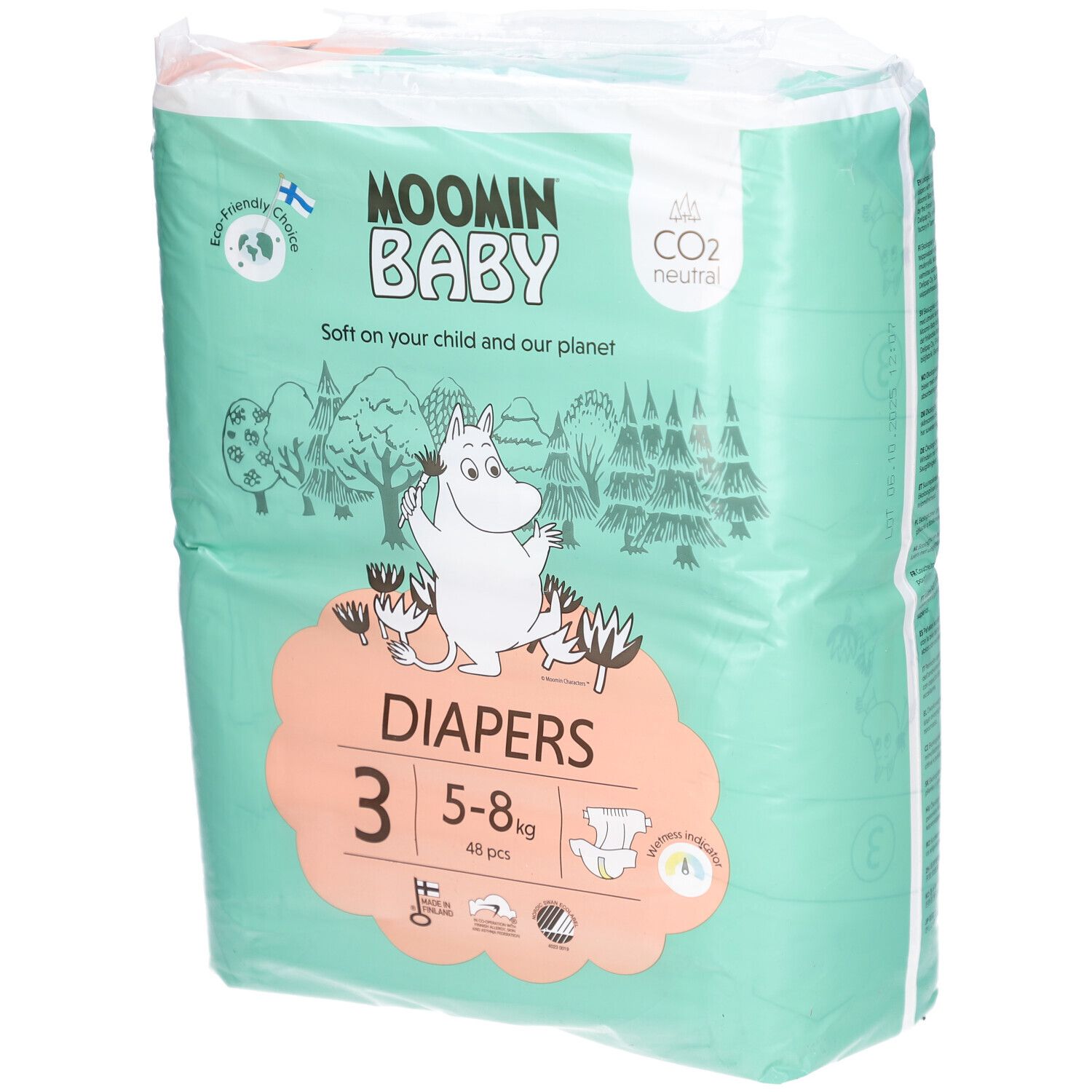 Verpakking Moomin Baby luiers, maat 3, 5-8 kg. Groen-wit ontwerp met Mumin illustraties. Bevat 48 stuks. CO2-neutraal.