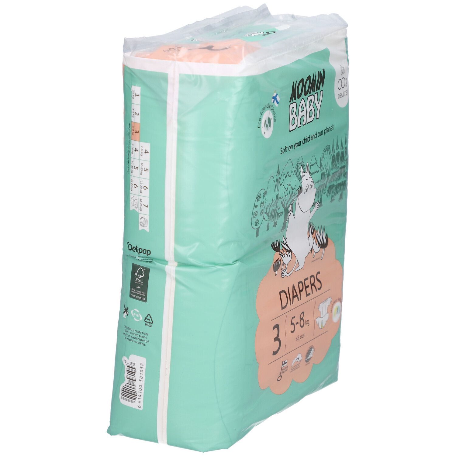 Moomin Baby luierverpakking, maat 3, 5-8 kg. Groen-wit ontwerp. Zijaanzicht van de verpakking met productinformatie en logo.