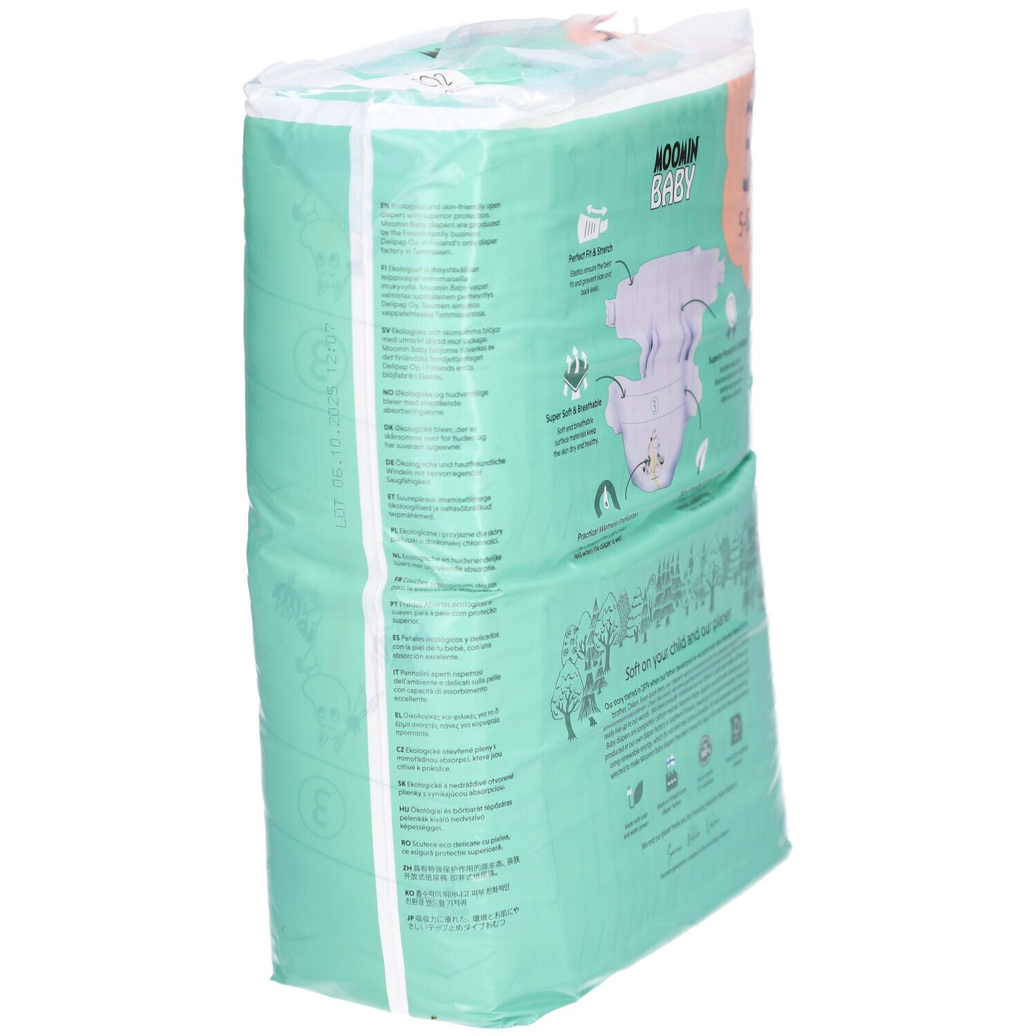 Zijaanzicht van de Moomin Baby luierverpakking, maat 3, 5-8 kg. Toont productinformatie en logo. Groen-wit ontwerp.