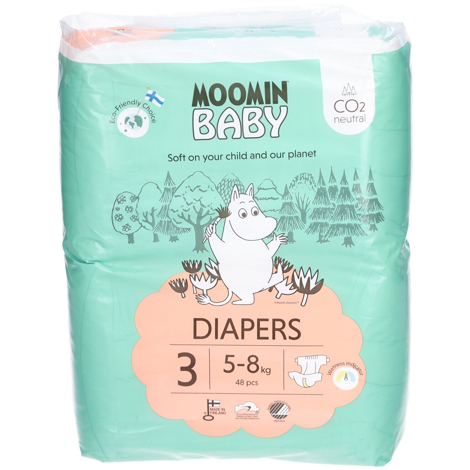 Moomin Baby luierverpakking, maat 3, 5-8 kg. Groen-wit ontwerp met Mumin illustraties. Bevat 48 stuks. CO2-neutraal.