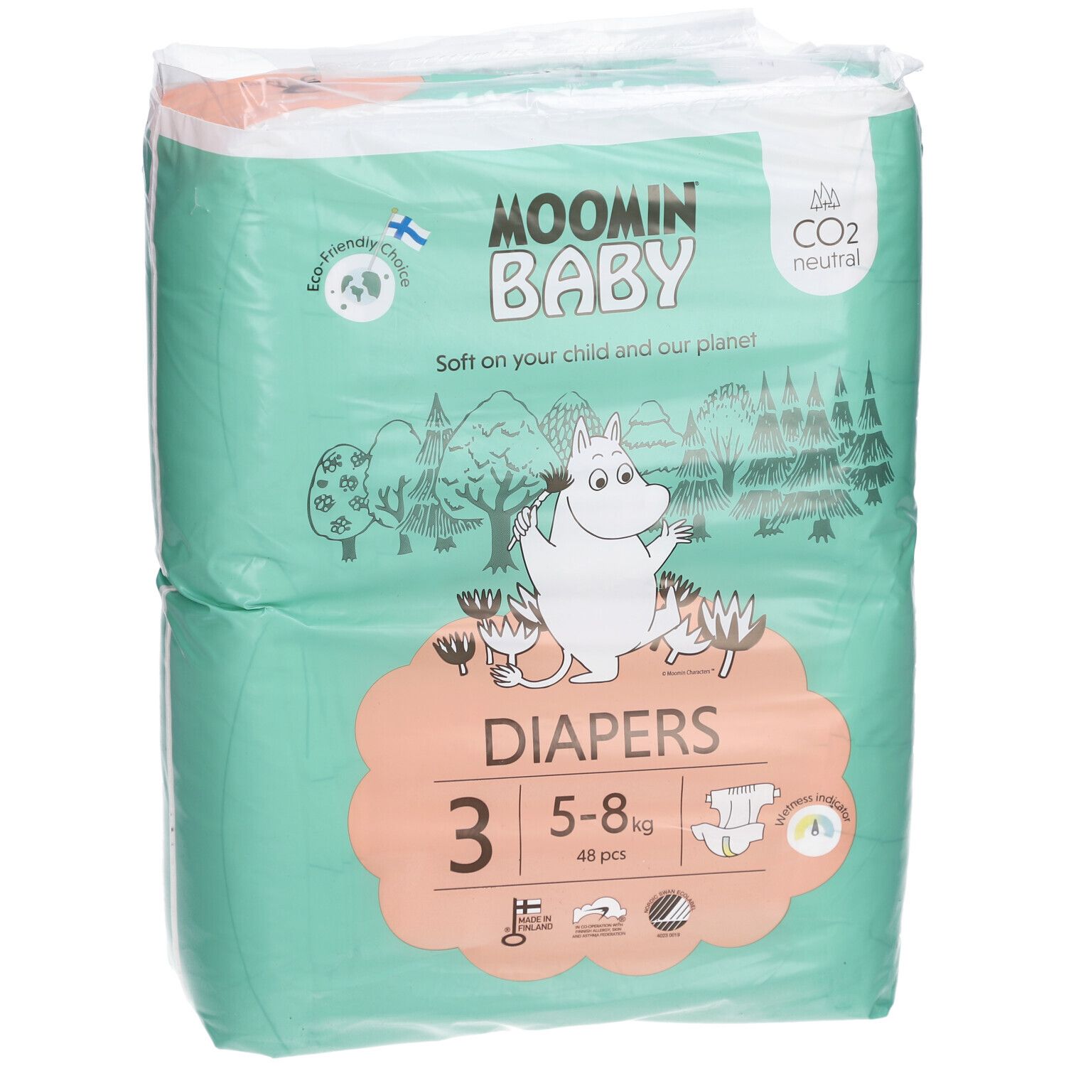 Moomin Baby luierverpakking, maat 3, 5-8 kg. Groen-wit ontwerp met Mumin illustraties. Bevat 48 stuks. CO2-neutraal.