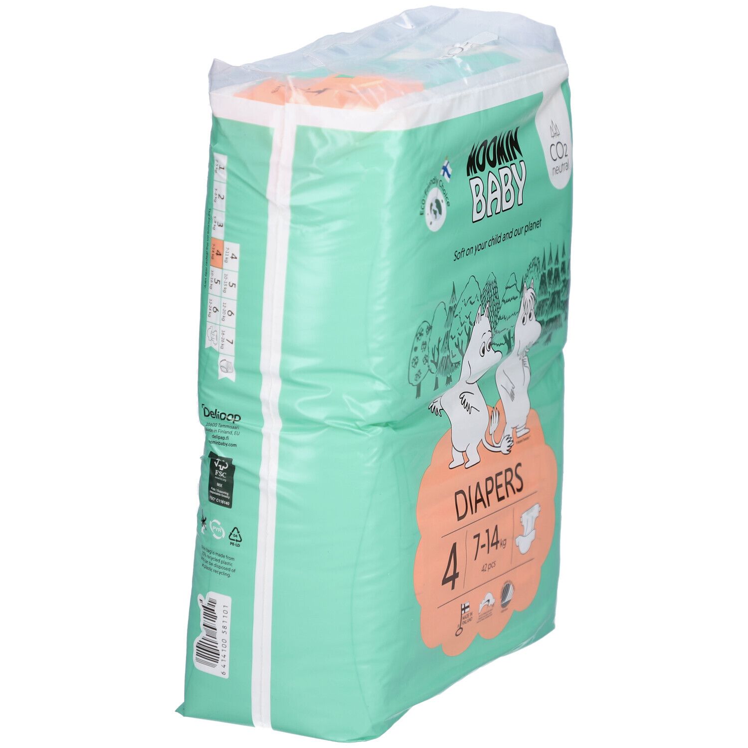 Vue latérale du paquet de couches Moomin Baby Taille 4 (7-14 kg). Vert, avec personnages Moomin et informations.