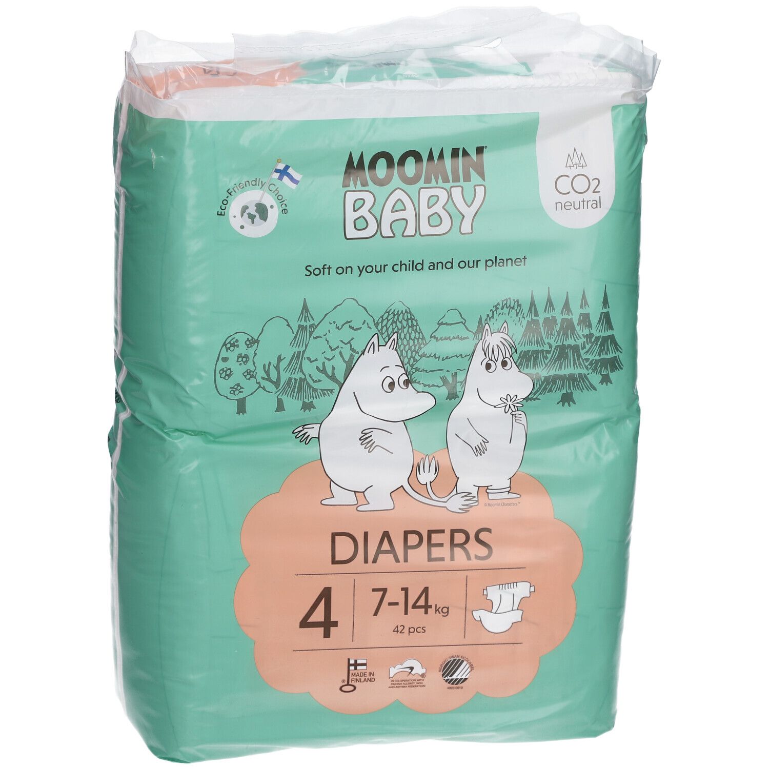 Paquet de couches Moomin Baby Taille 4 (7-14 kg). Vert et blanc, avec personnages Moomin et informations.
