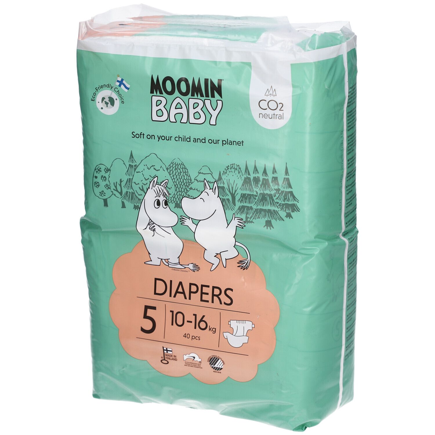 Verpakking Moomin Baby luiers, maat 5 (10-16 kg). Groen met Mumin illustraties. Bevat 40 stuks. CO2 neutraal.