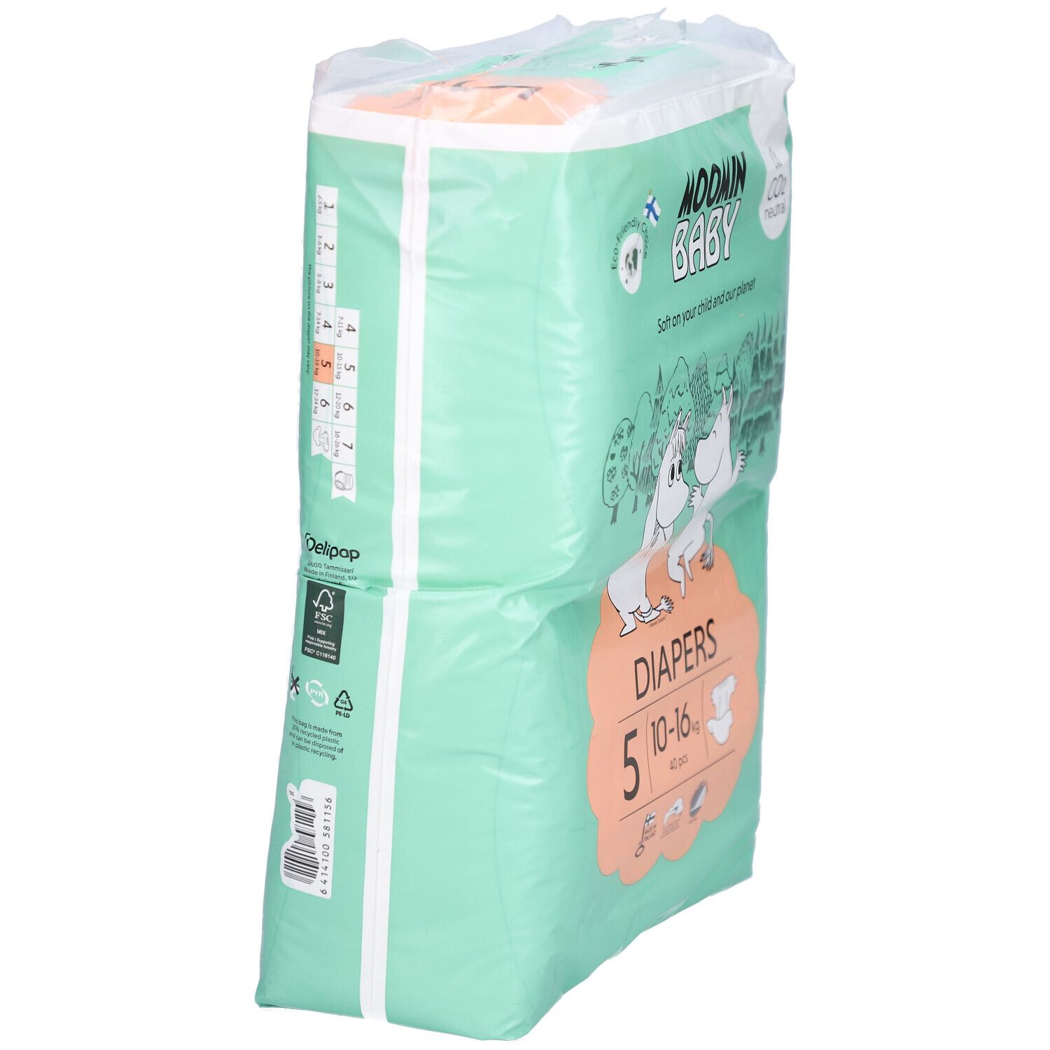 Luiers verpakking Moomin Baby, maat 5 (10-16 kg). Groene verpakking, zijaanzicht. Met Mumin illustraties en tekst.