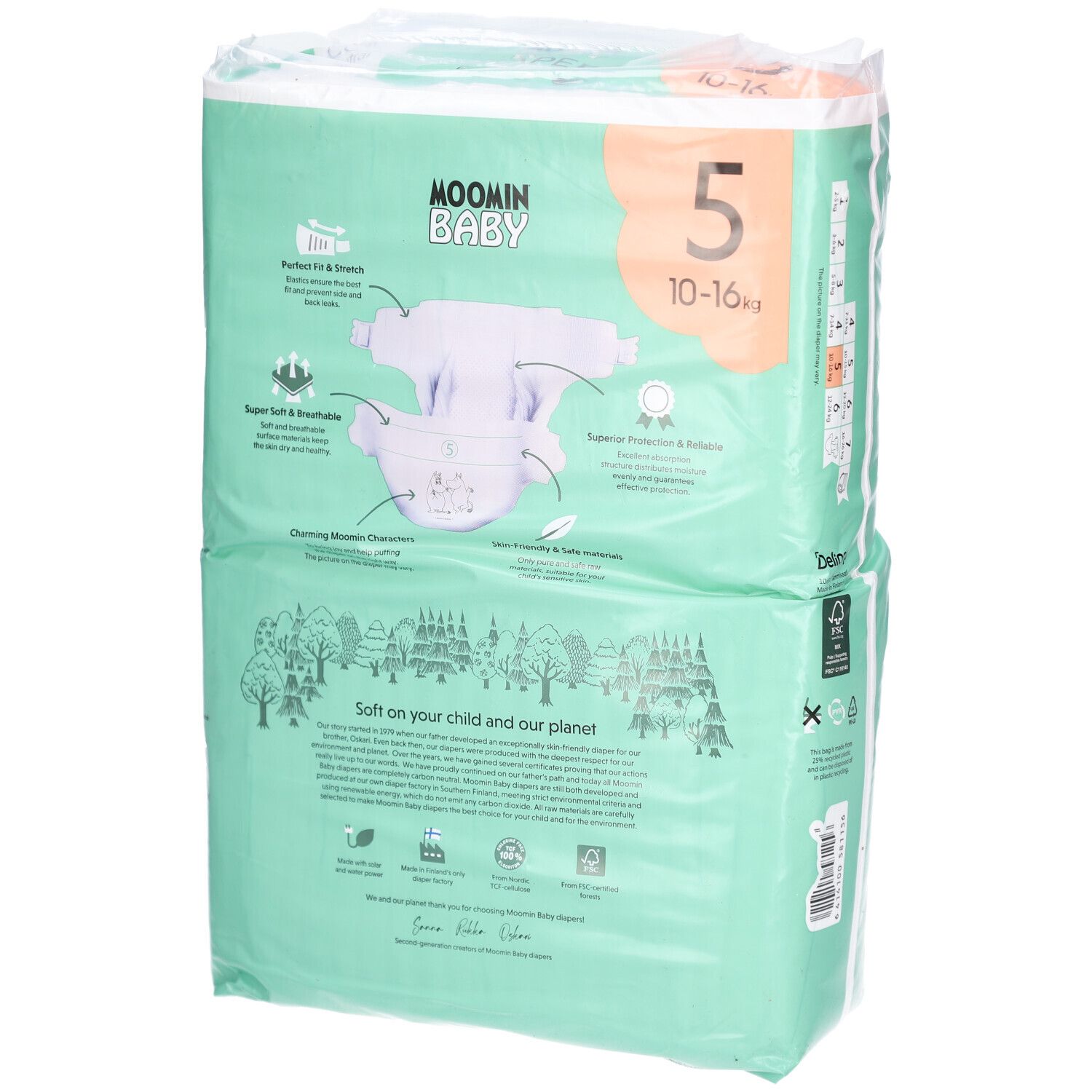 Luiers verpakking Moomin Baby, maat 5 (10-16 kg). Achterkant met productinformatie en illustraties. Groen.