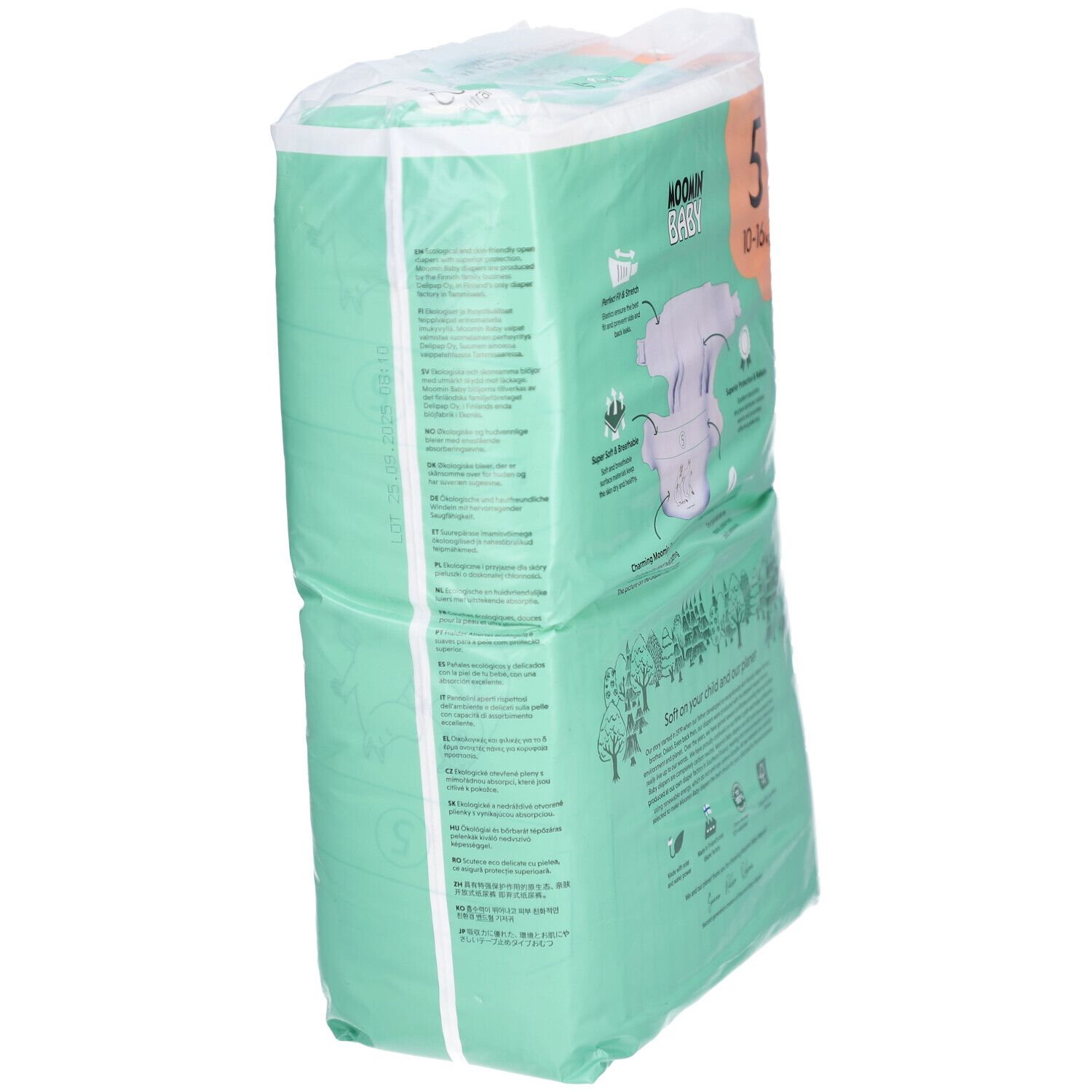 Luiers verpakking Moomin Baby, maat 5 (10-16 kg). Zijaanzicht met productinformatie. Groene verpakking.