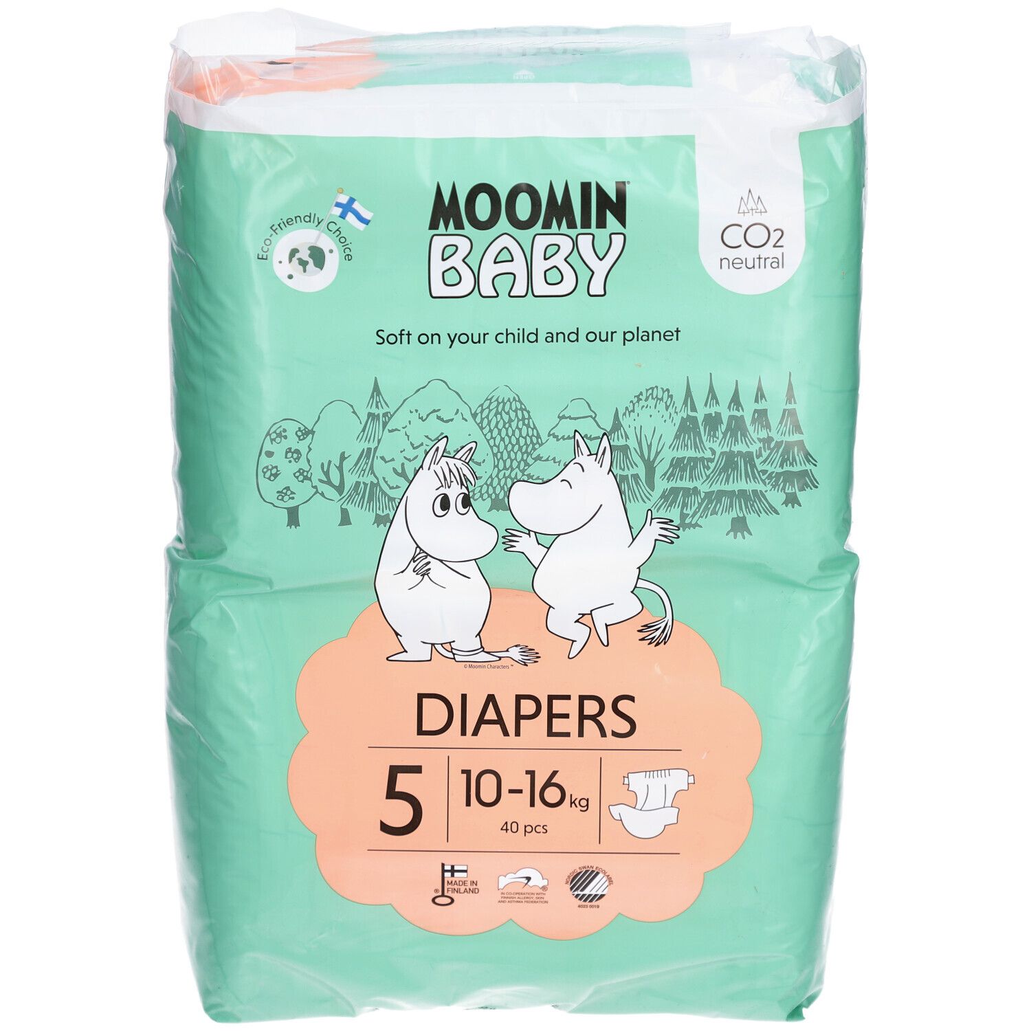 Verpakking Moomin Baby luiers, maat 5 (10-16 kg). Groen met Mumin illustraties. Bevat 40 stuks. CO2 neutraal.