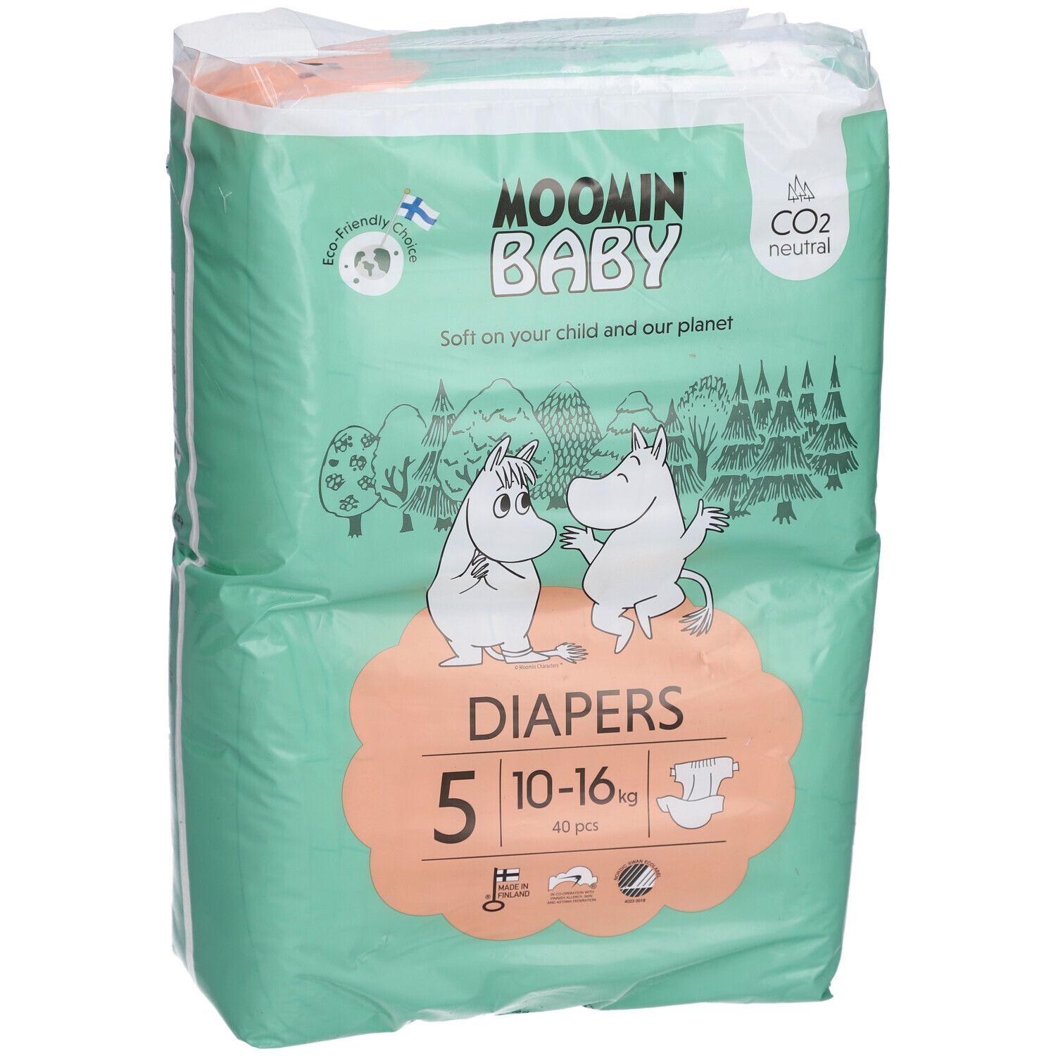 Verpakking Moomin Baby luiers, maat 5 (10-16 kg). Groen met Mumin illustraties. Bevat 40 stuks. CO2 neutraal.