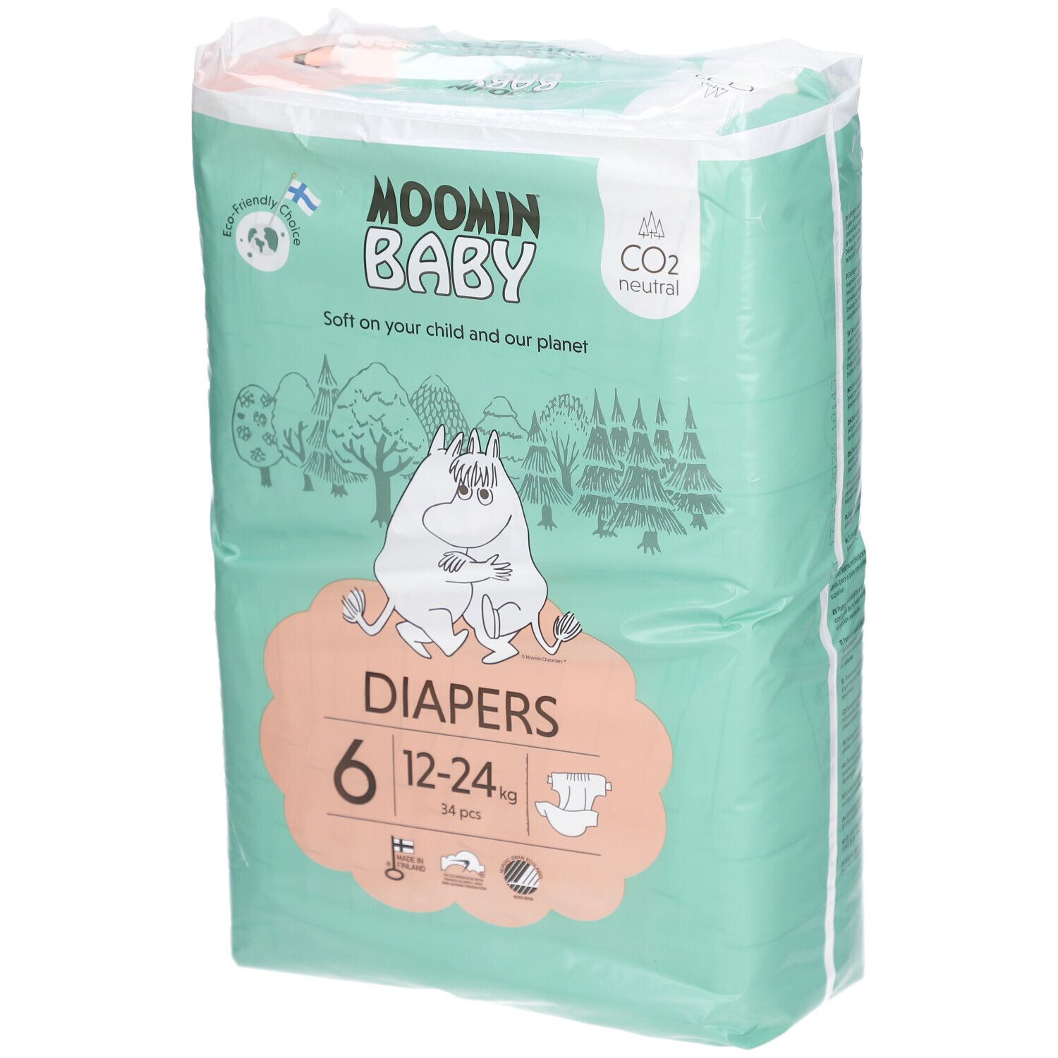 Verpakking Moomin Baby luiers, maat 6, 12-24 kg. Groen en wit, Moomin illustratie. 34 stuks. CO2 neutraal.