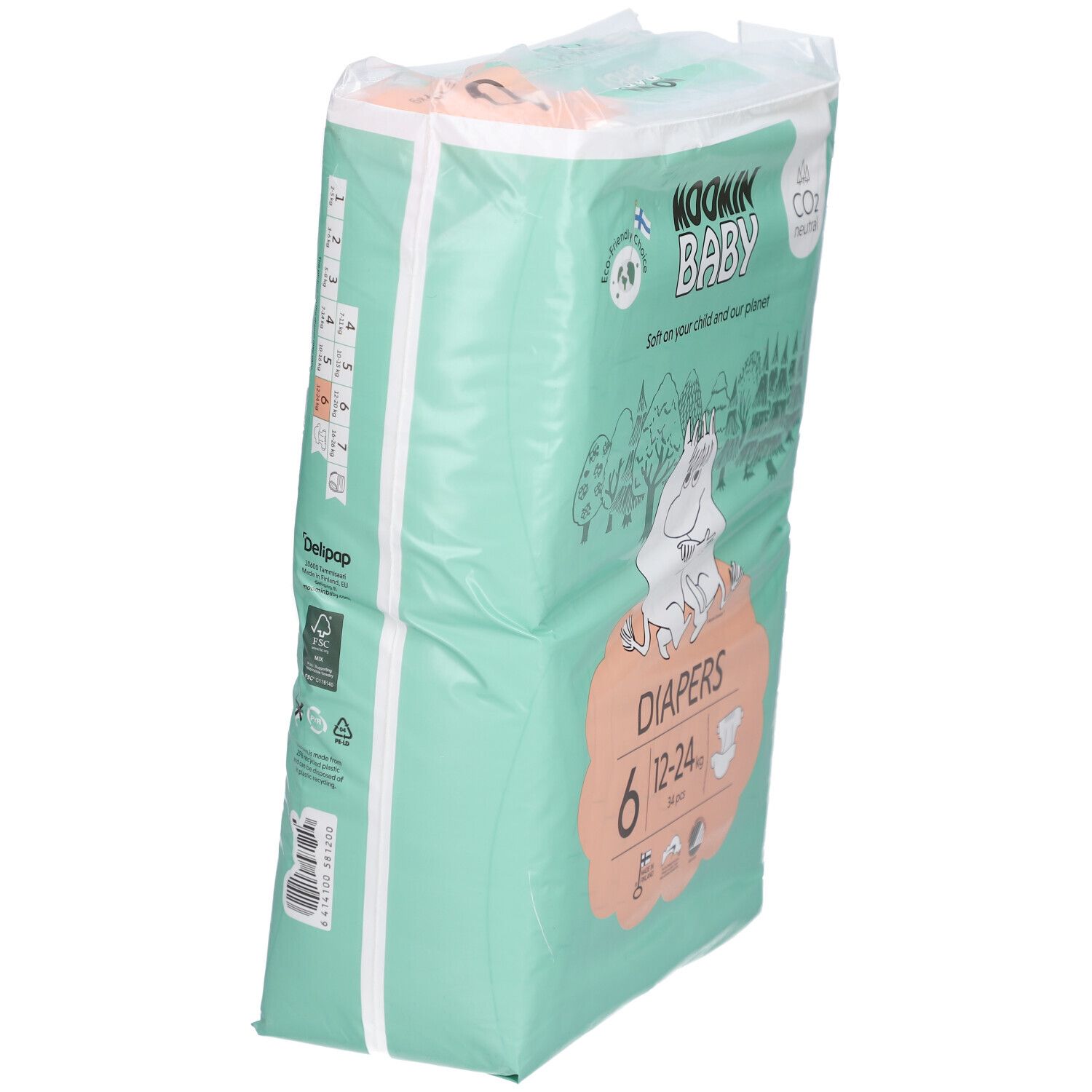 Verpakking Moomin Baby luiers, maat 6, 12-24 kg. Groen en wit, Moomin illustratie. Zijaanzicht.