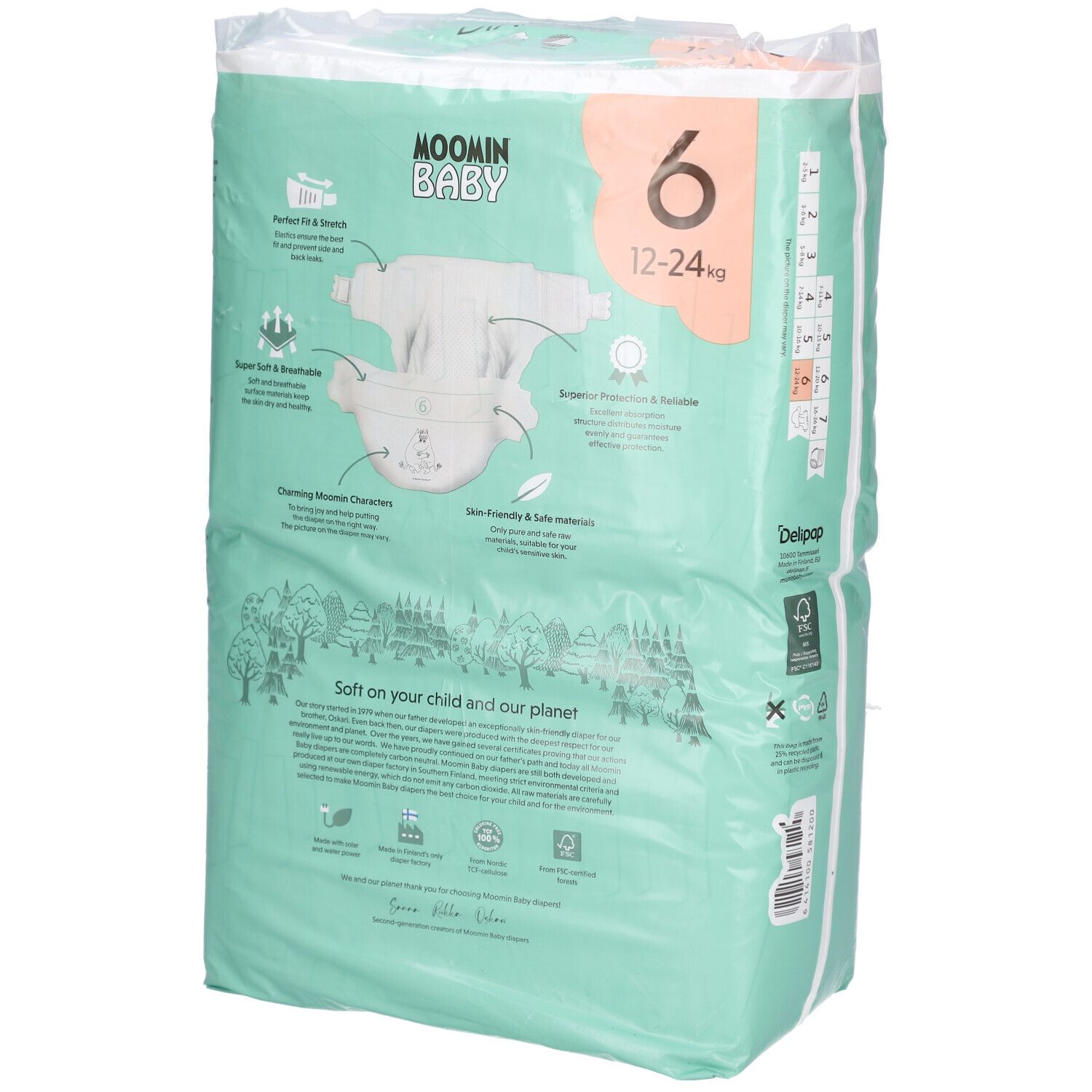 Achterkant van de Moomin Baby luierverpakking, maat 6, 12-24 kg. Groen, met productinformatie en illustraties.