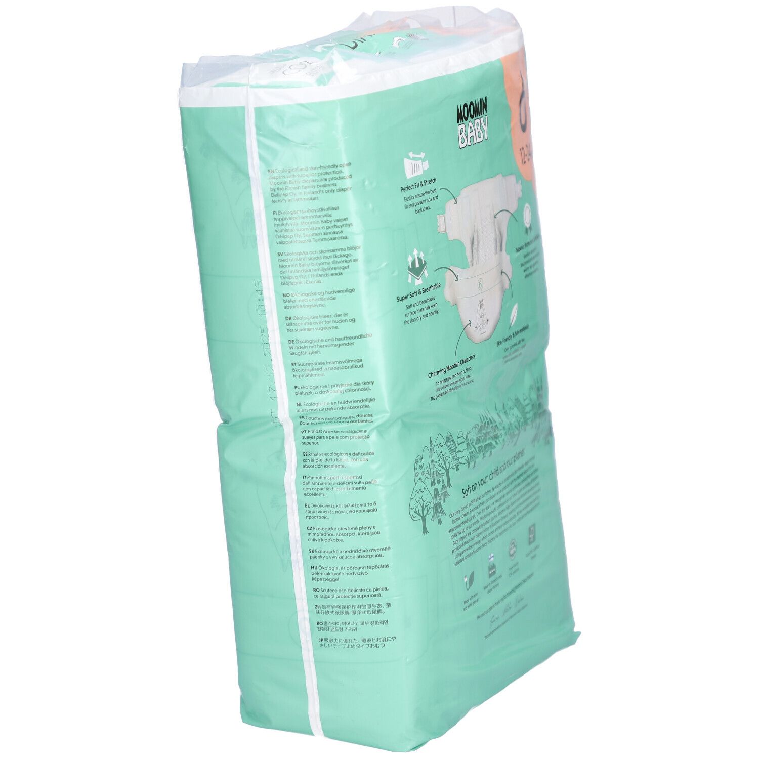 Zijaanzicht van de Moomin Baby luierverpakking, maat 6, 12-24 kg. Groen, met productinformatie.