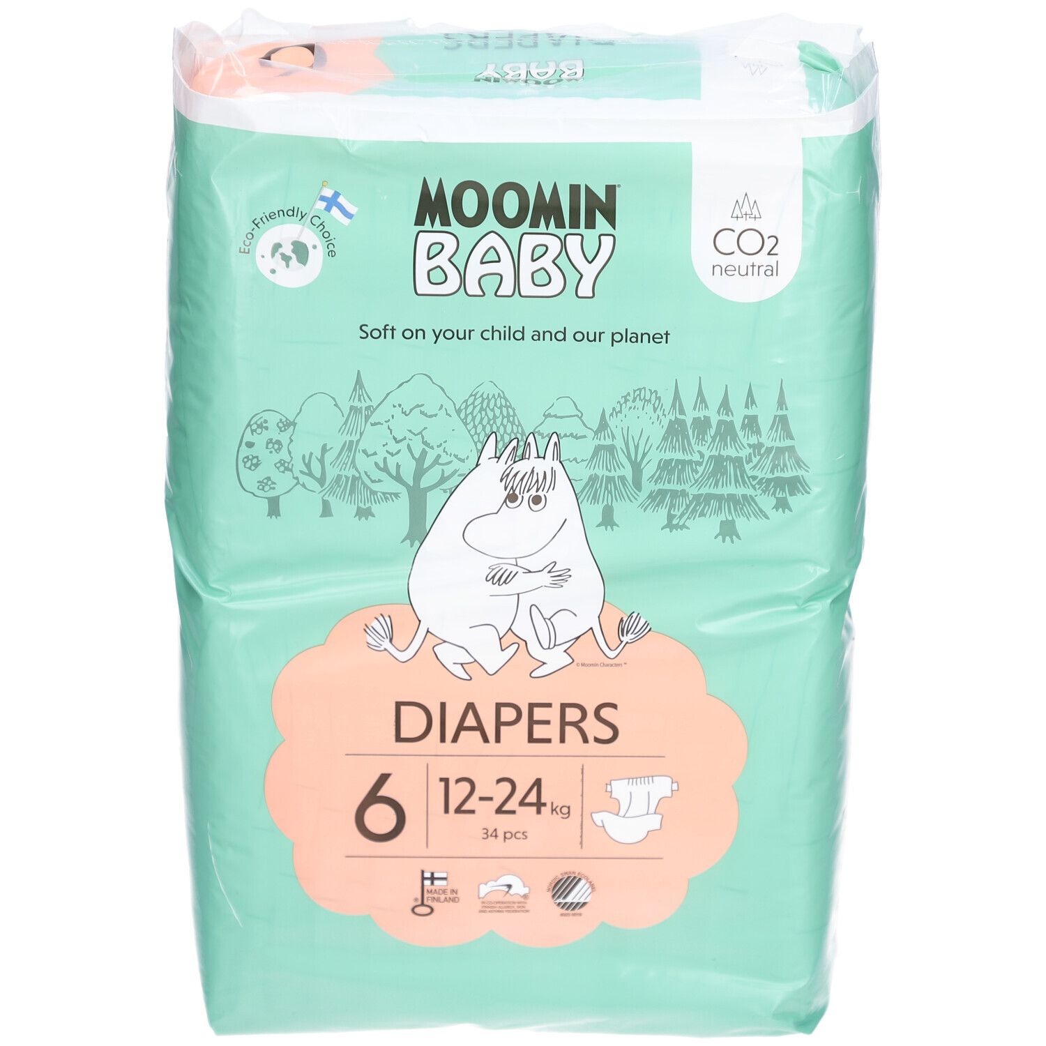 Verpakking Moomin Baby luiers, maat 6, 12-24 kg. Groen en wit, Moomin illustratie. 34 stuks. CO2 neutraal.